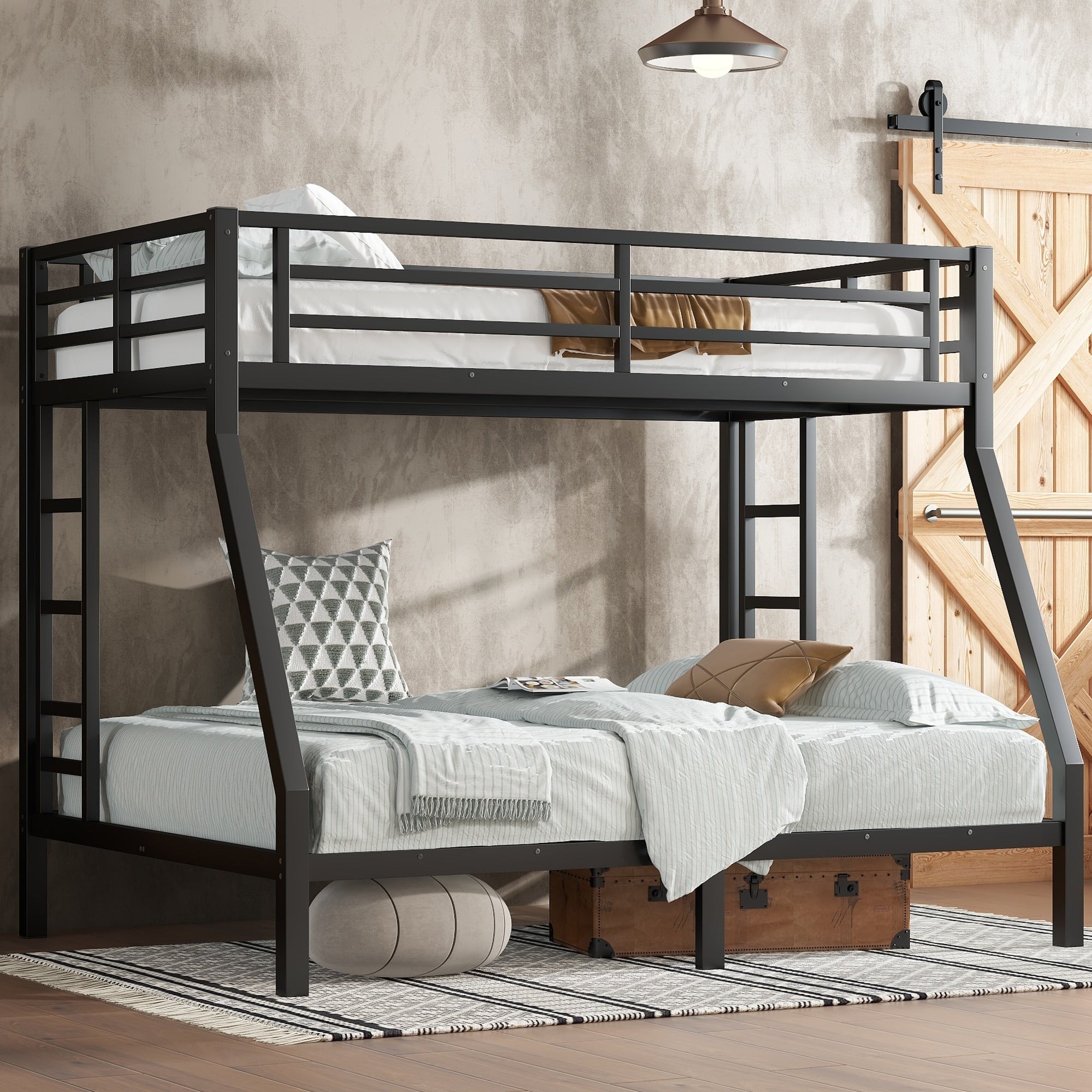 Roomfitters Metal Twin Over Full Bunk Bed Heavy Duty Space Saving Frame With Ladder And Guardrails Black