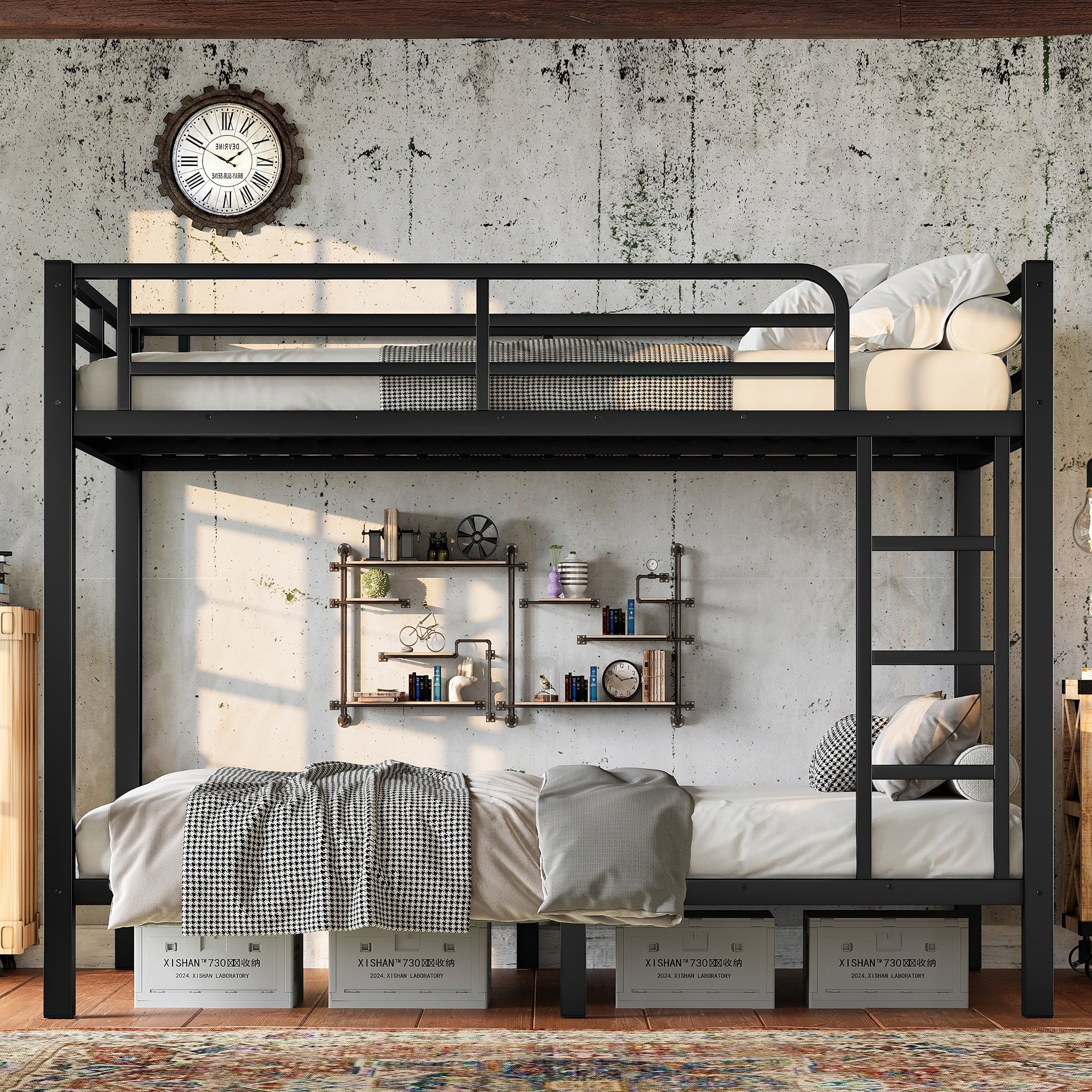 Roomfitters Metal Twin Over Twin Bunk Bed Heavy Duty Space Saving Frame With Ladder And Guardrails Black
