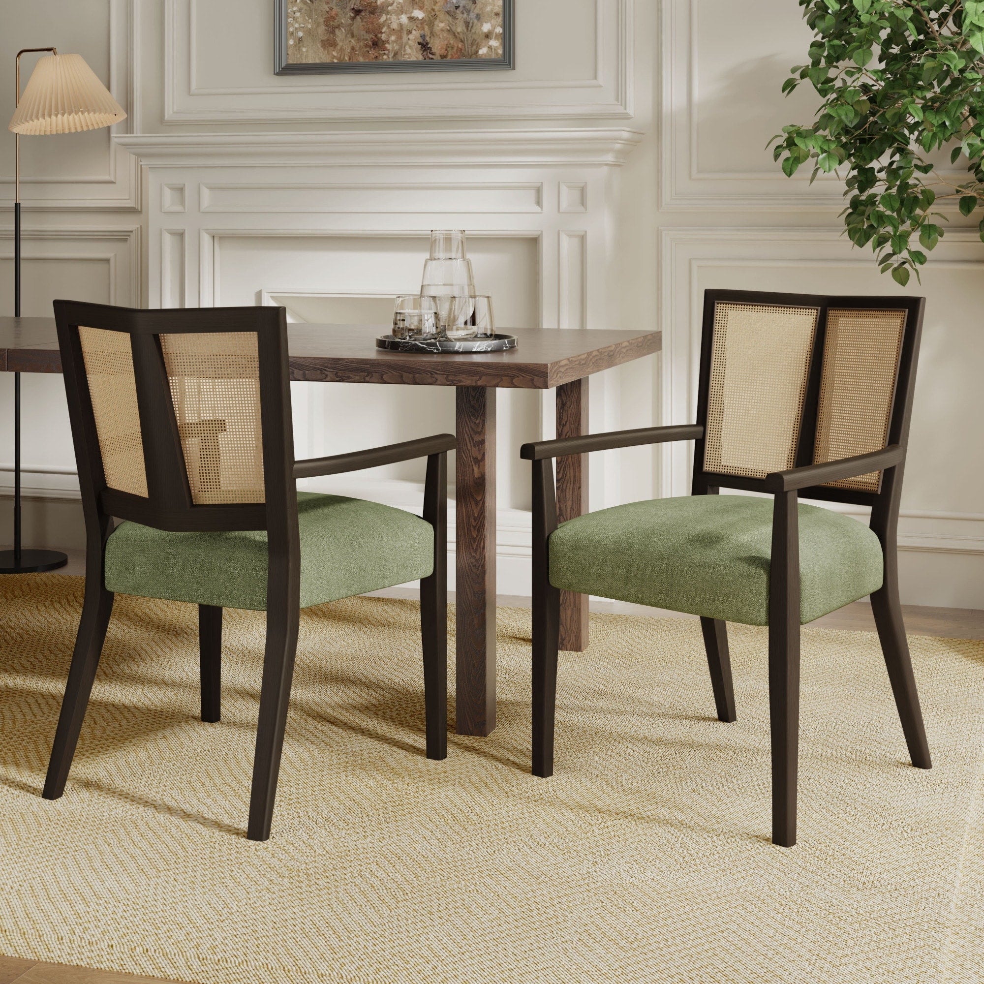 Roomfitters Mid Century Arm Dining Chairs Set Of 2 Cane Back Farmhouse Rattan Armchairs