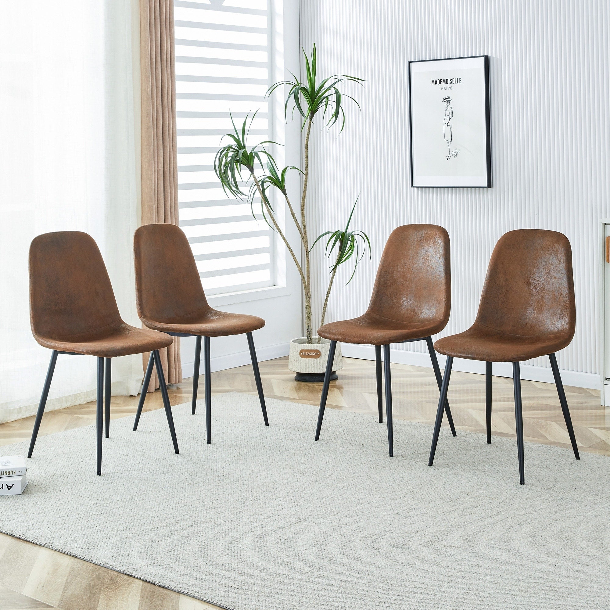 Roomfitters Mid Century Brown Tech Fabric Dining Chairs Black Metal Leg Ergonomic Upholstered Seating Set Of 4 Side Chairs