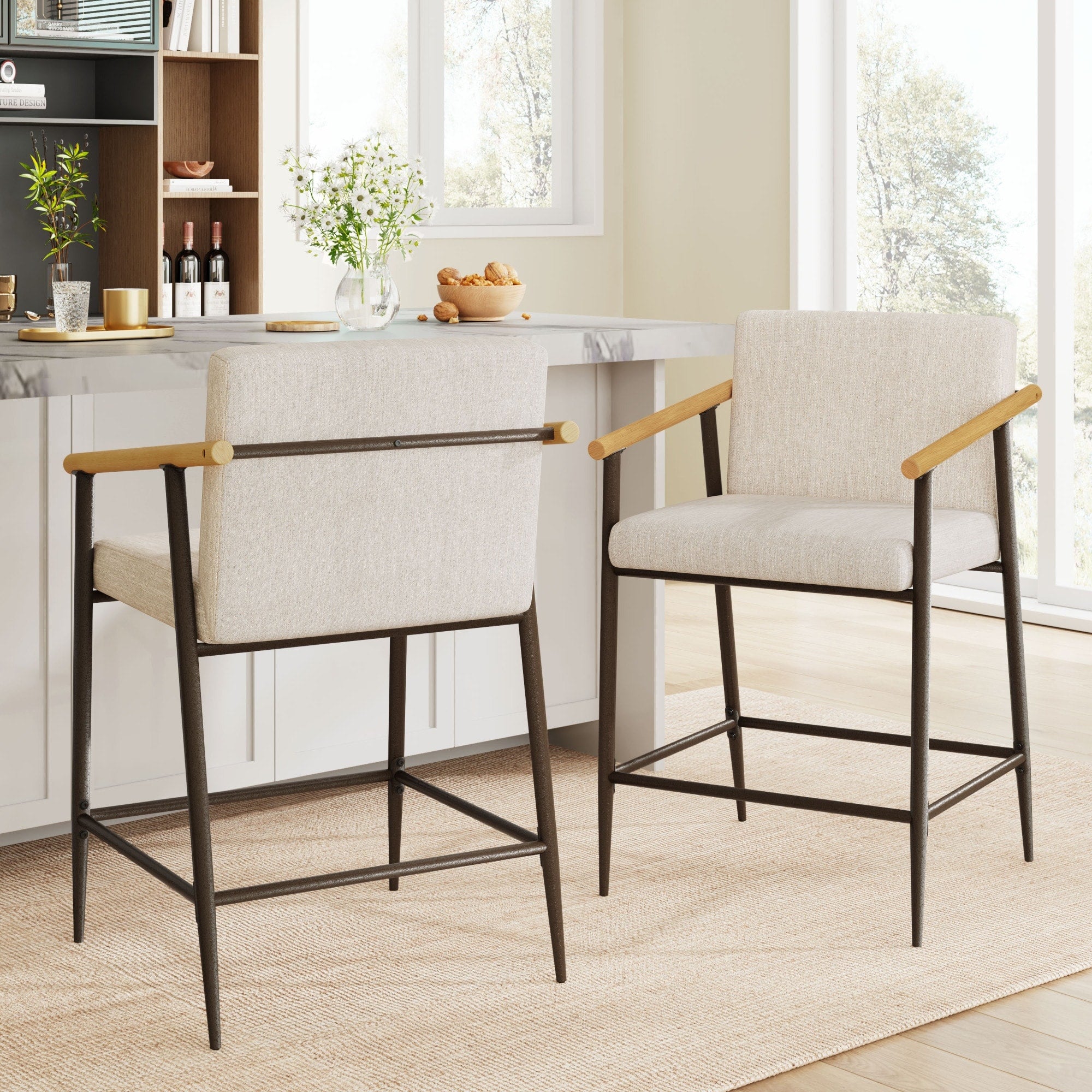 Roomfitters Mid Century Fabric Counter Stools Set Of 2 Iron Frame Pub Chairs Metal With Wood Arms
