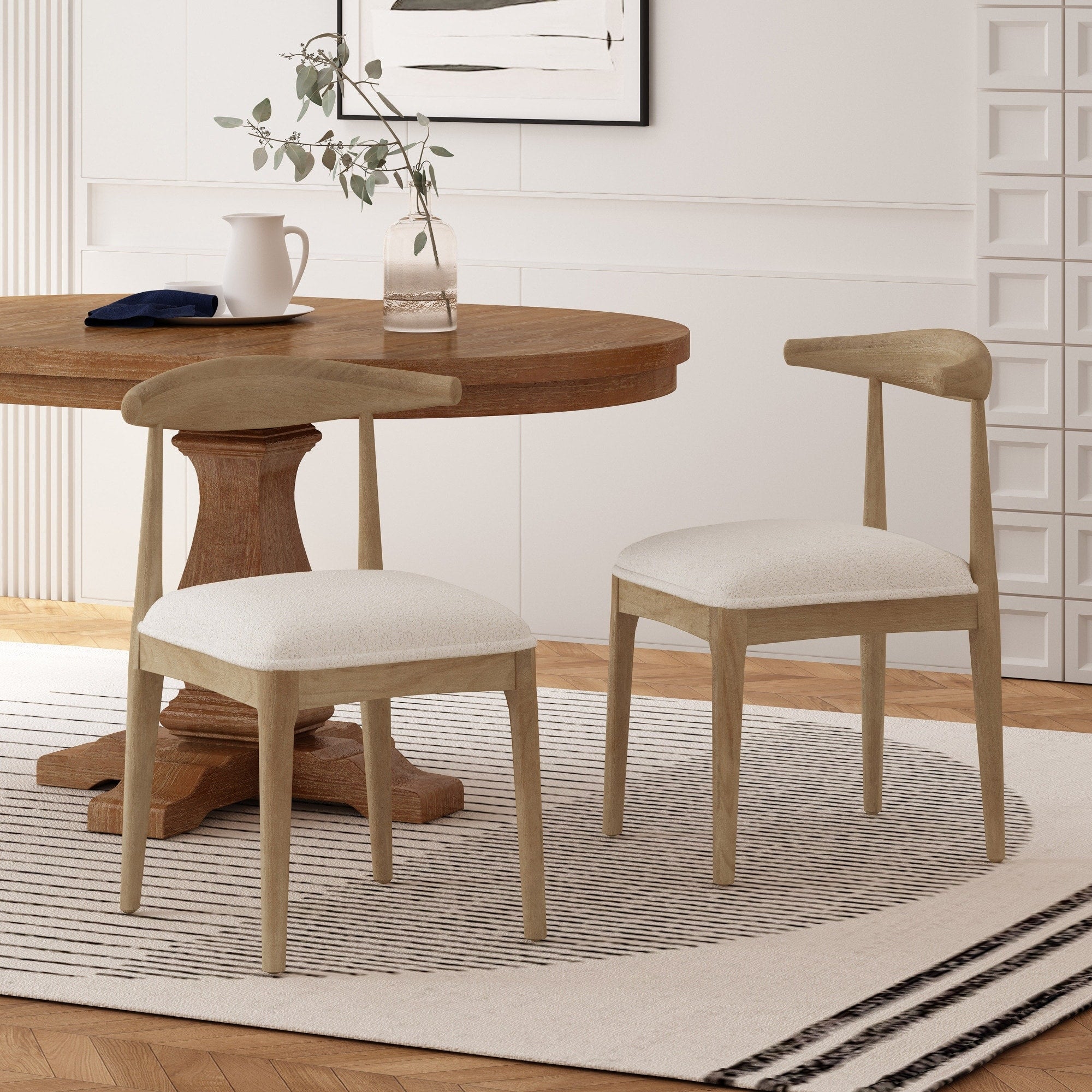 Roomfitters Mid Century Ivory Fabric Dining Chairs Set Of 2 Open Back Kitchen Chairs Light Natural Wood Seating