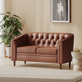 Roomfitters Mid Century Light Brown Pu Leather Loveseat Button Tufted Diamond Stitch Birch Wood Tub Sofa