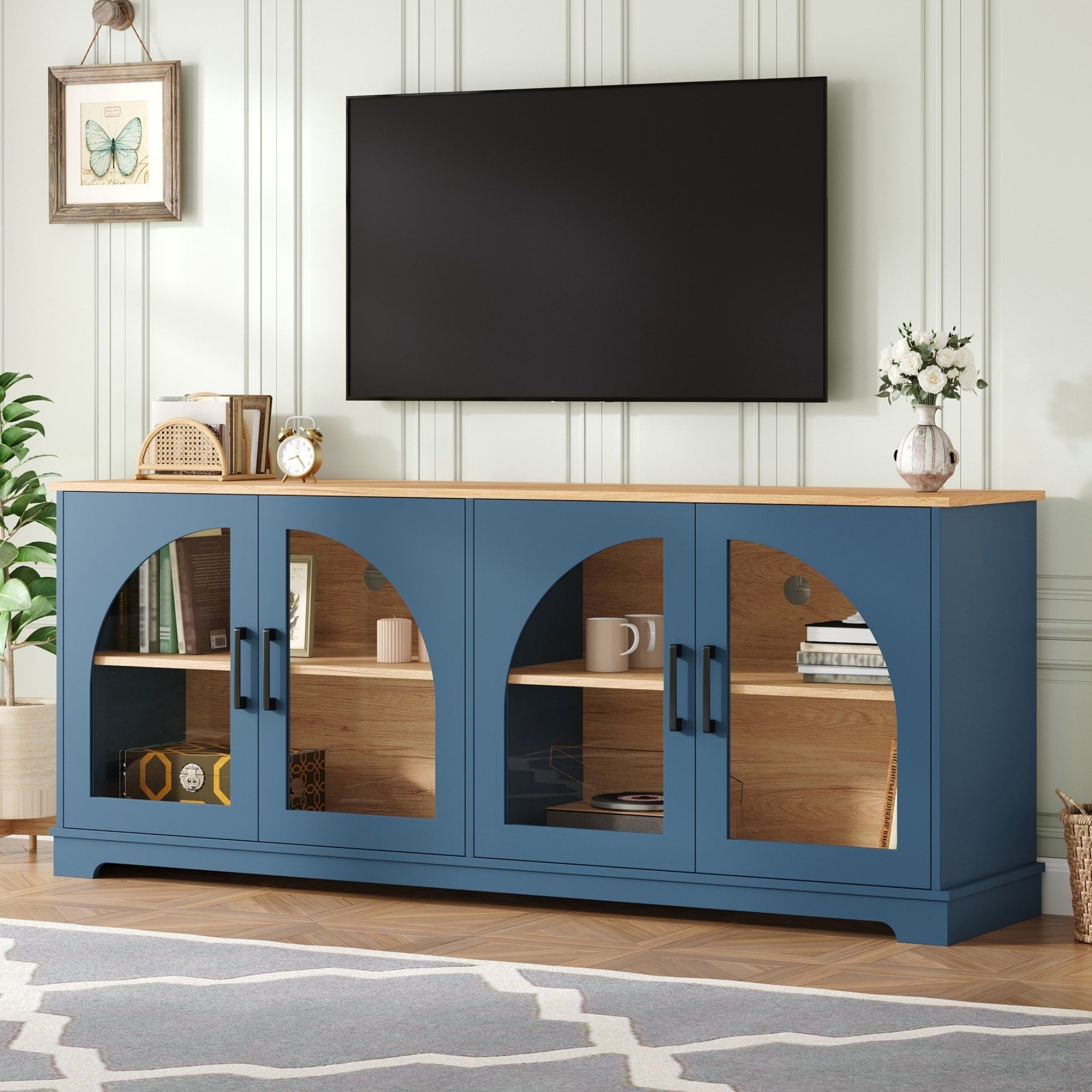 Roomfitters Mid Century Modern Arched Glass Door Tv Stand Media Console Table With Storage Shelves Blue And Natural