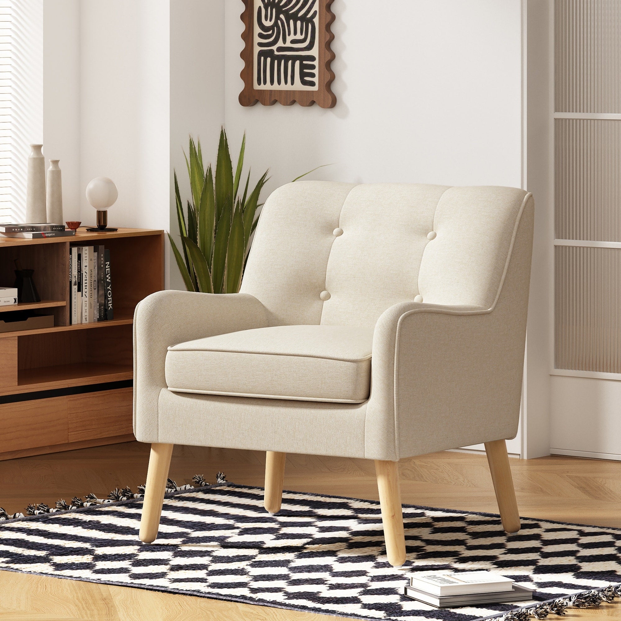 Roomfitters Mid Century Modern Armchair Button Tufted Accent Chair Tapered Solid Wood Legs Padded Seating