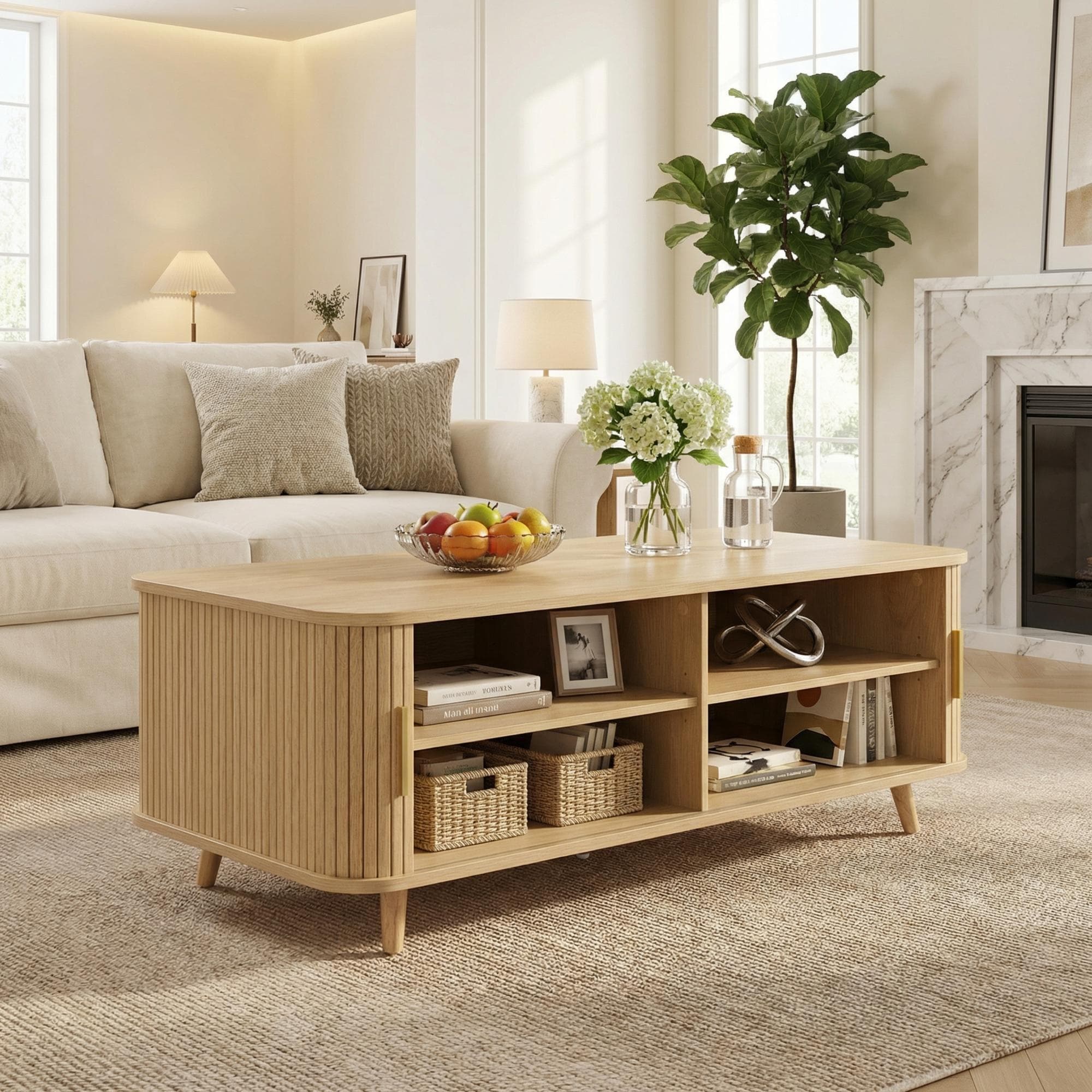 Roomfitters Mid Century Modern Coffee Table With Slatted Tambour Sliding Doors And Open Storage Japandi Center Table Natural