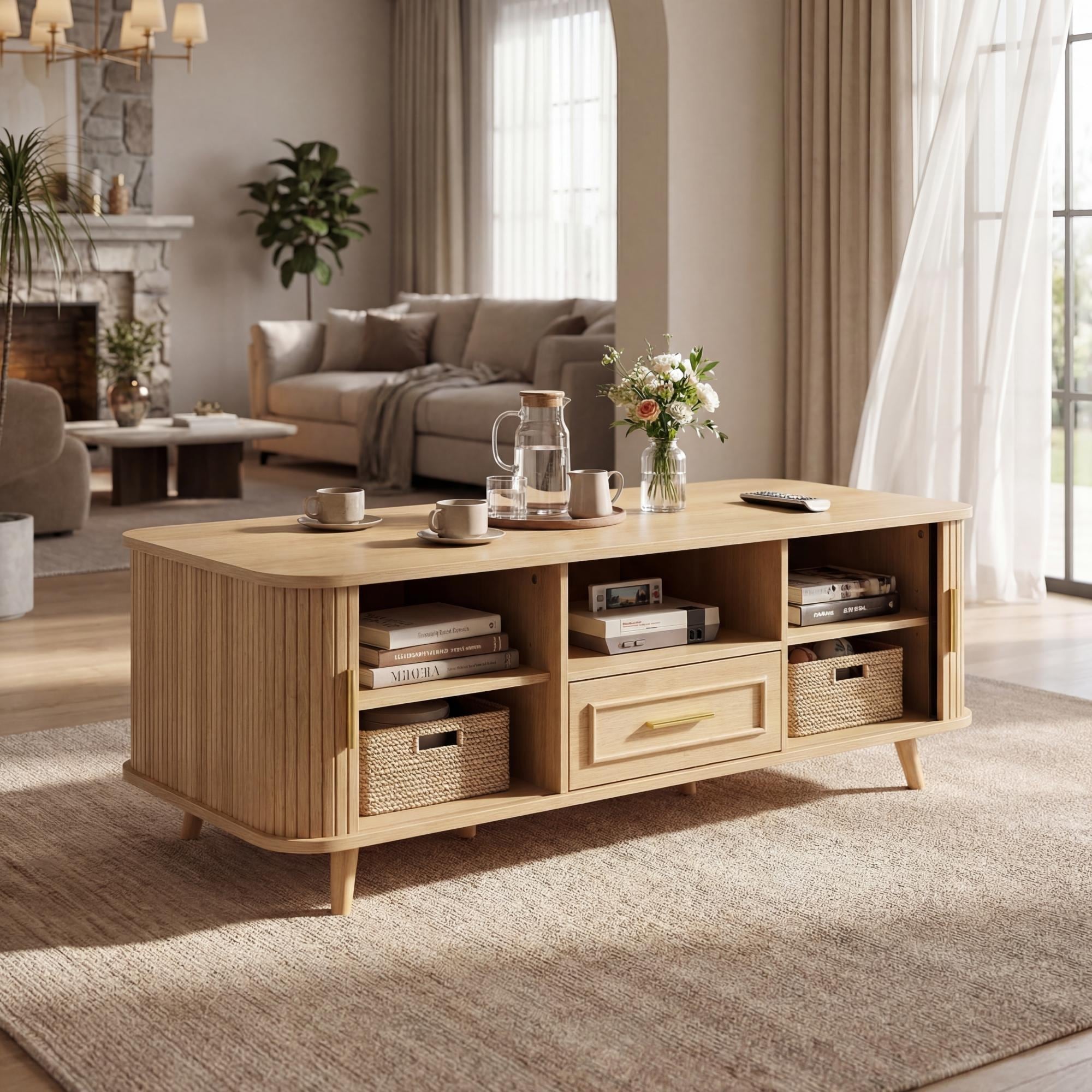 Roomfitters Mid Century Modern Coffee Table With Tambour Sliding Doors And Storage Drawer Scandinavian Center Table