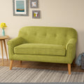 Roomfitters Mid Century Modern Fabric Loveseat Button Tufted 2 Seater Sofa Rolled Arm Solid Wood Leg Bench
