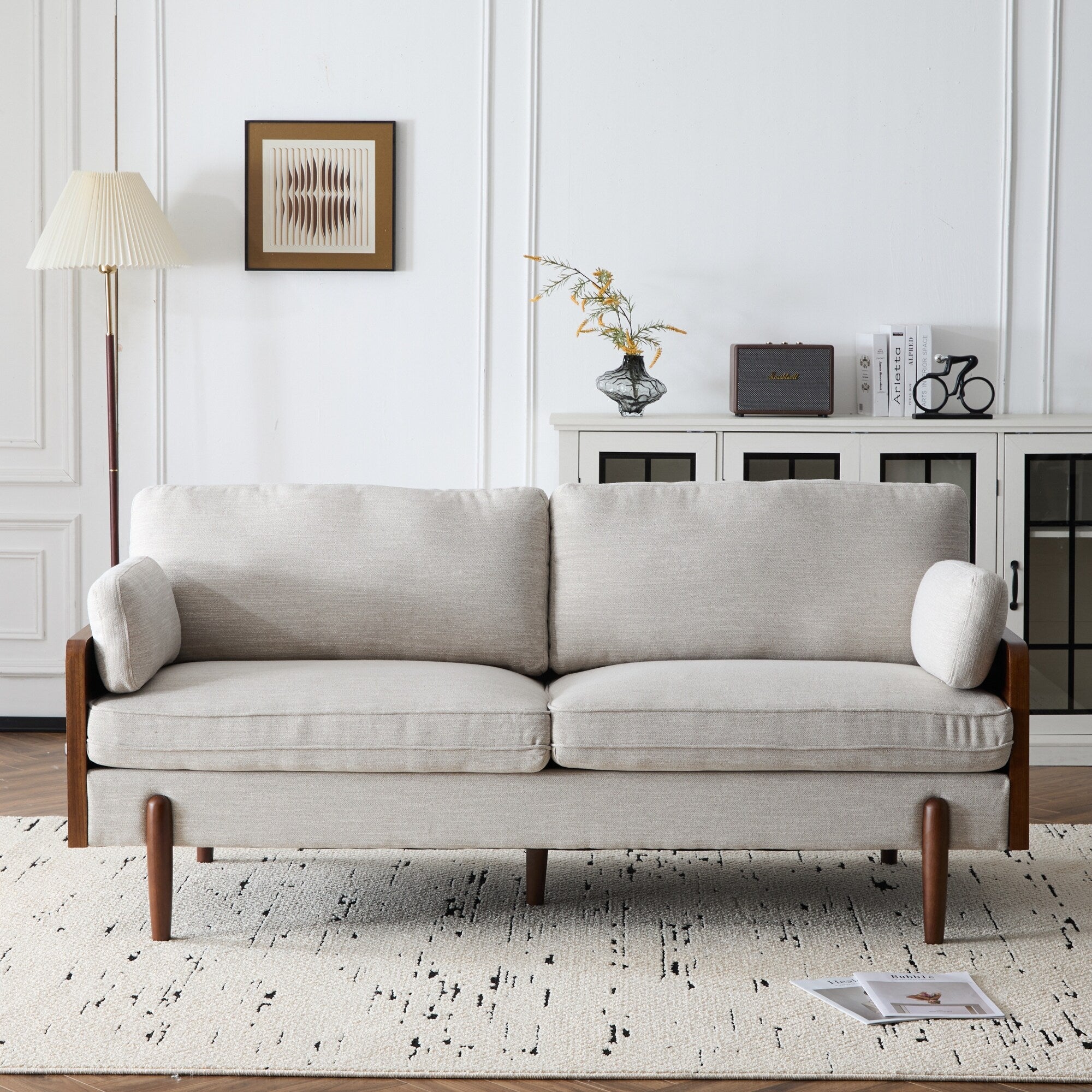 Roomfitters Mid Century Modern Fabric Sofa Compact 71 Inch Track Arm Couch Solid Wood Panel Seating