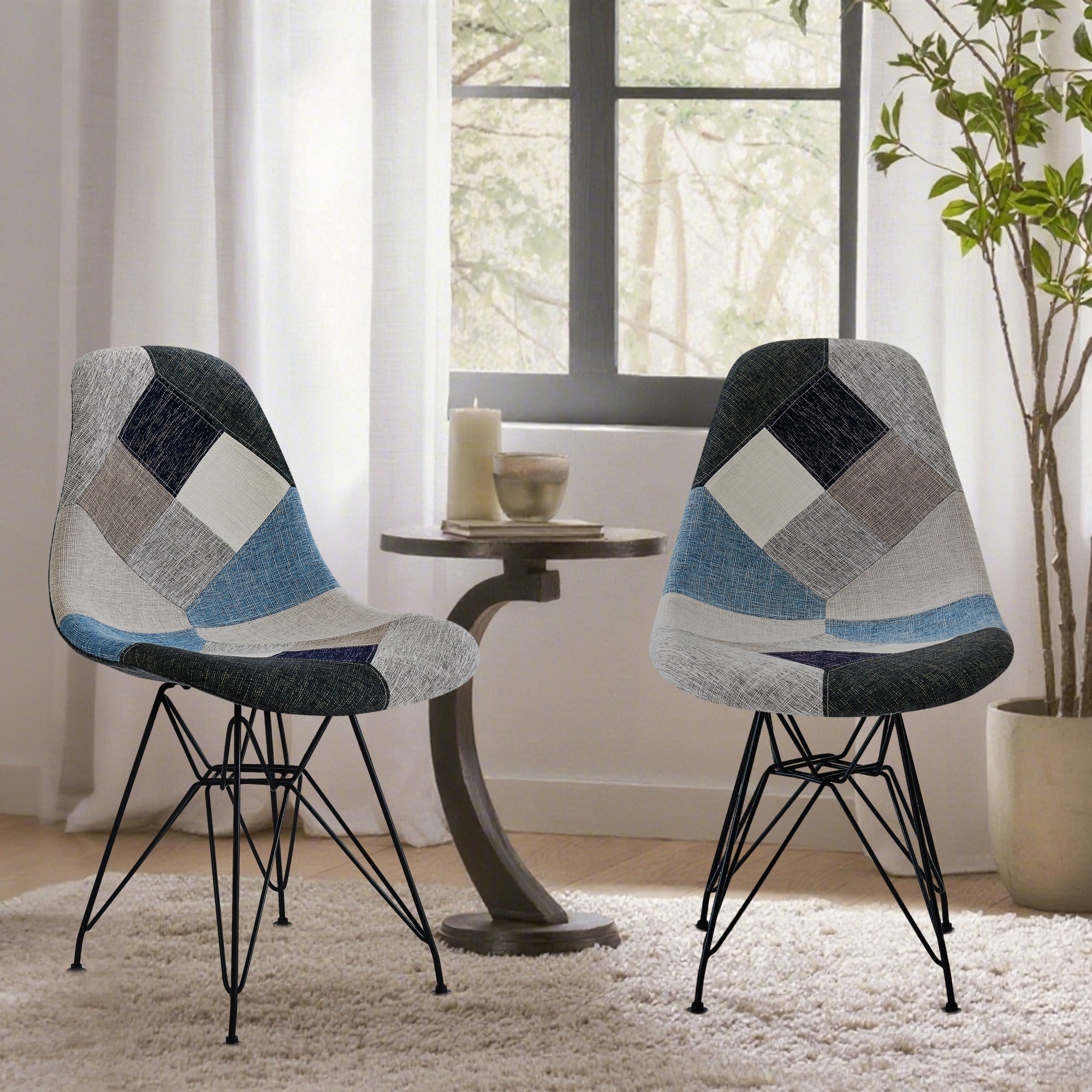 Roomfitters Mid Century Modern Patchwork Fabric Upholstered Accent Chairs With Black Eiffel Metal Legs Set Of 2 Colorful