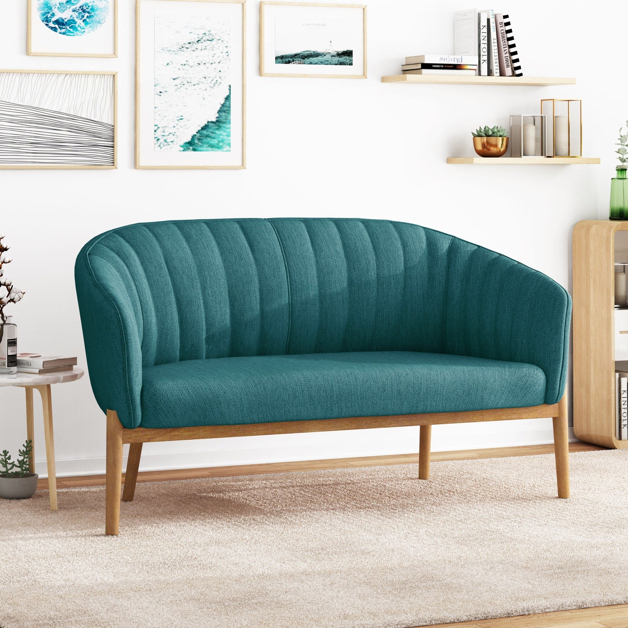 Roomfitters Mid Century Modern Teal Fabric Loveseat Curved Channel Stitched Sofa Tapered Rubberwood Leg Accent Bench
