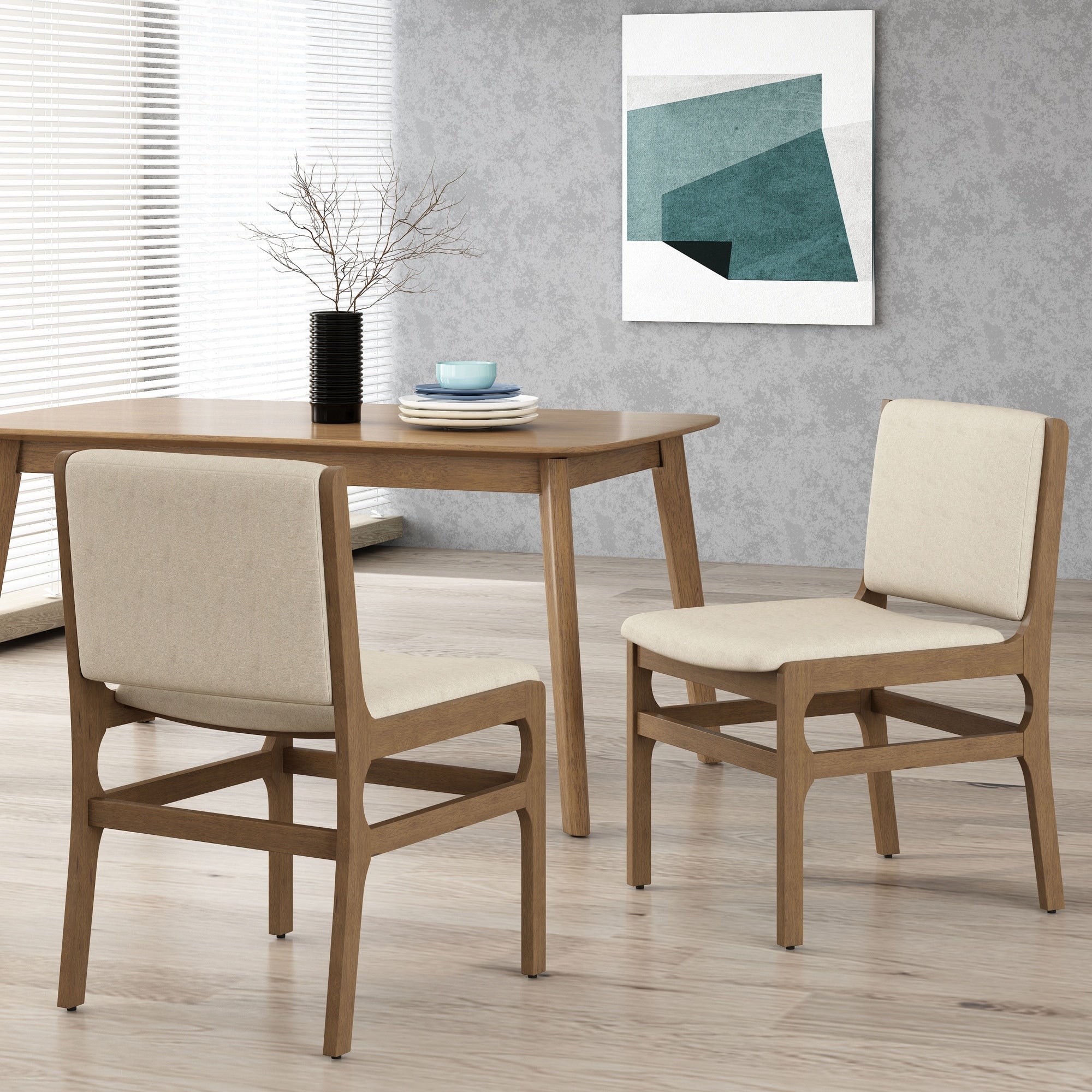 Roomfitters Mid Century Modern Wheat Fabric Dining Chairs Set Of 2 Square Back Wheat Beige Solid Wood Seating