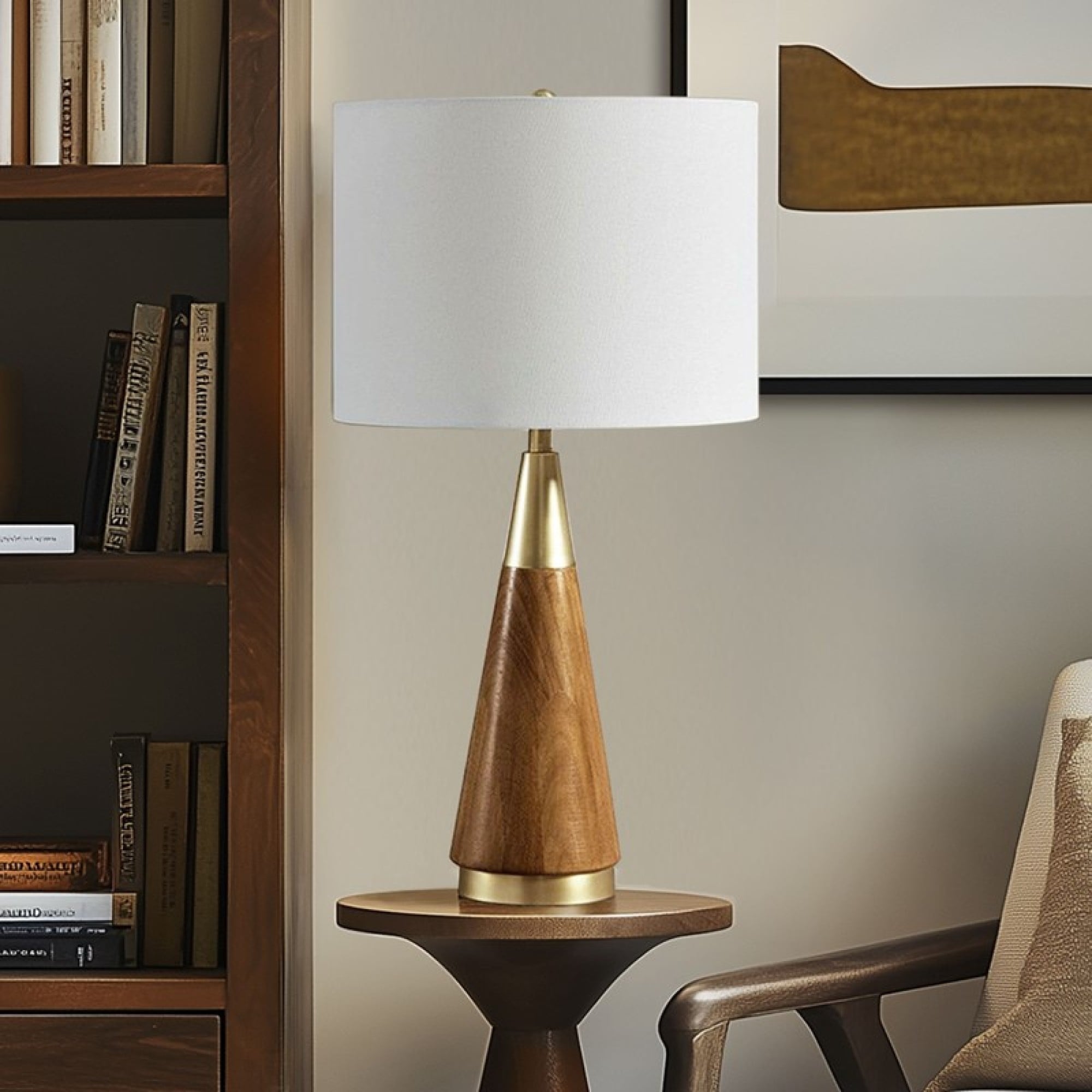 Roomfitters Mid Century Triangular Wood And Antique Brass Metal Table Lamp Featuring A White Fabric Drum Shade