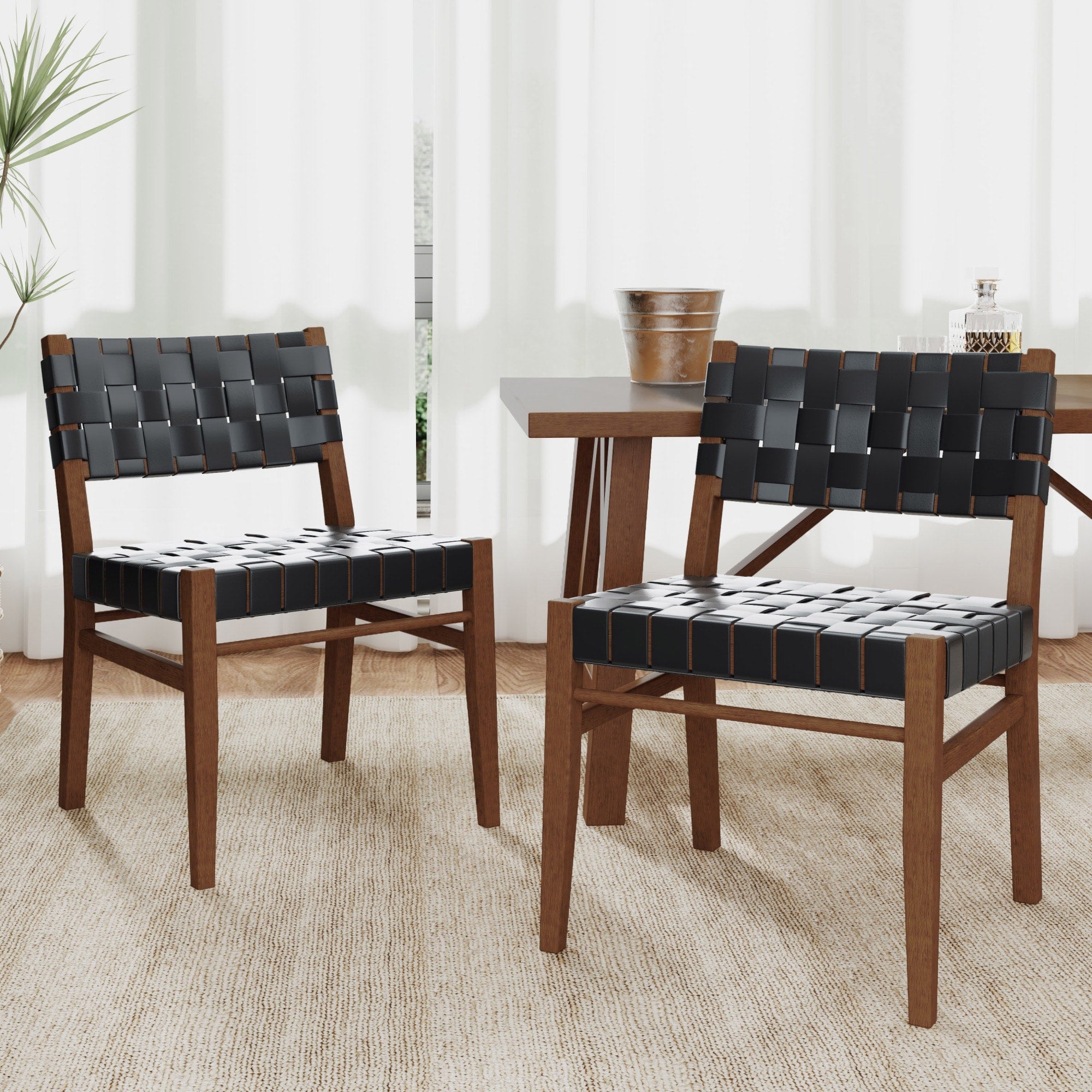 Roomfitters Mid Century Woven Pu Leather Dining Chairs Set Of 2 Basket Weave Walnut Solid Wood Seating