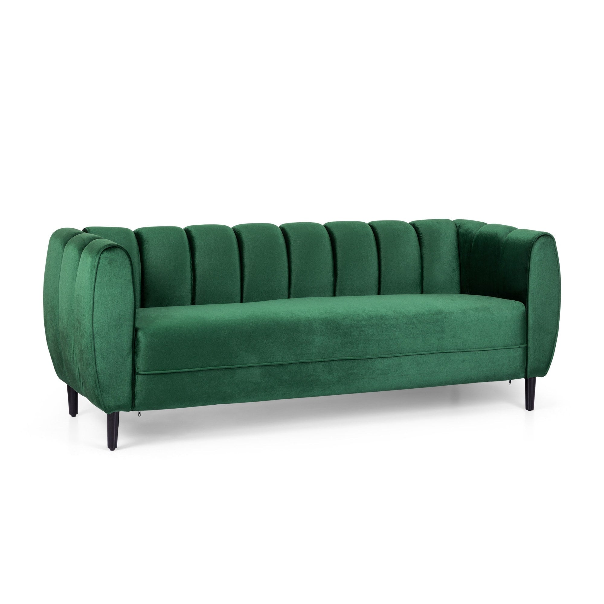 Roomfitters Miranda Velvet 3 Seater Sofa Curved Shell Couch Channel Stitched Tapered Birch Wood Legs