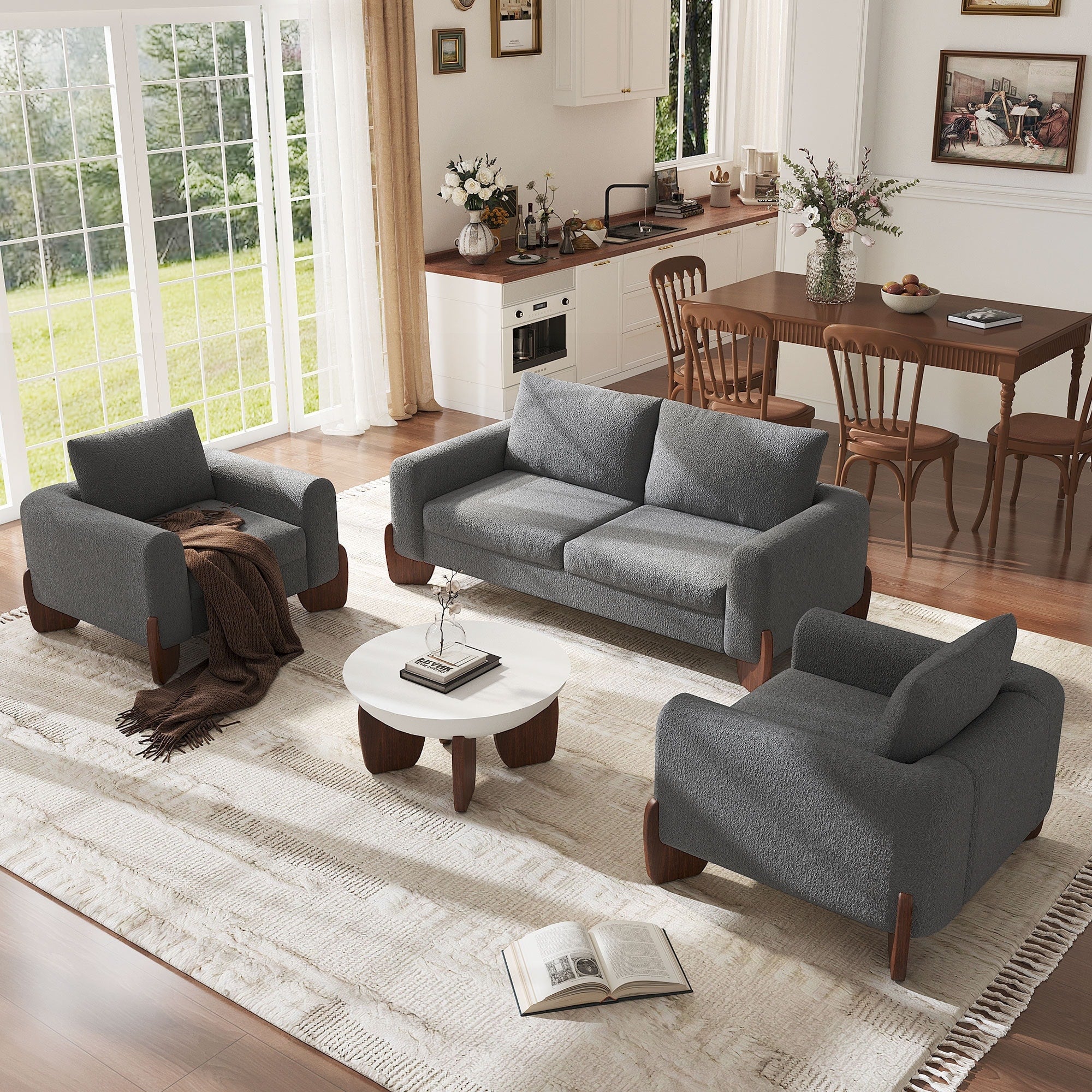 Roomfitters Modern 3 Piece Living Room Sofa Set Boucl Fabric Loveseat And 2 Armchairs Pack Pinewood Lounge