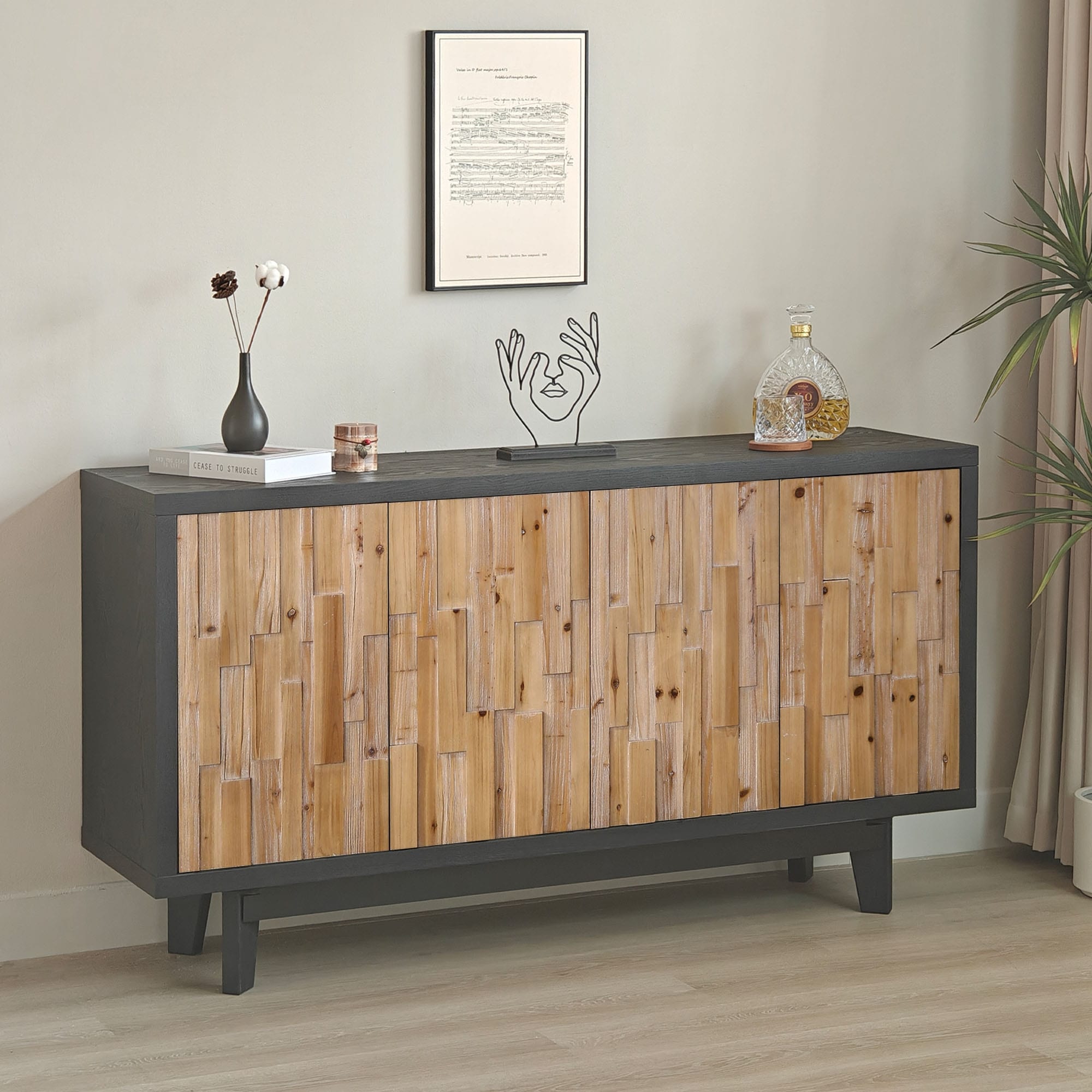 Roomfitters Modern 4 Door Storage Cabinet With Geometric Wood Design