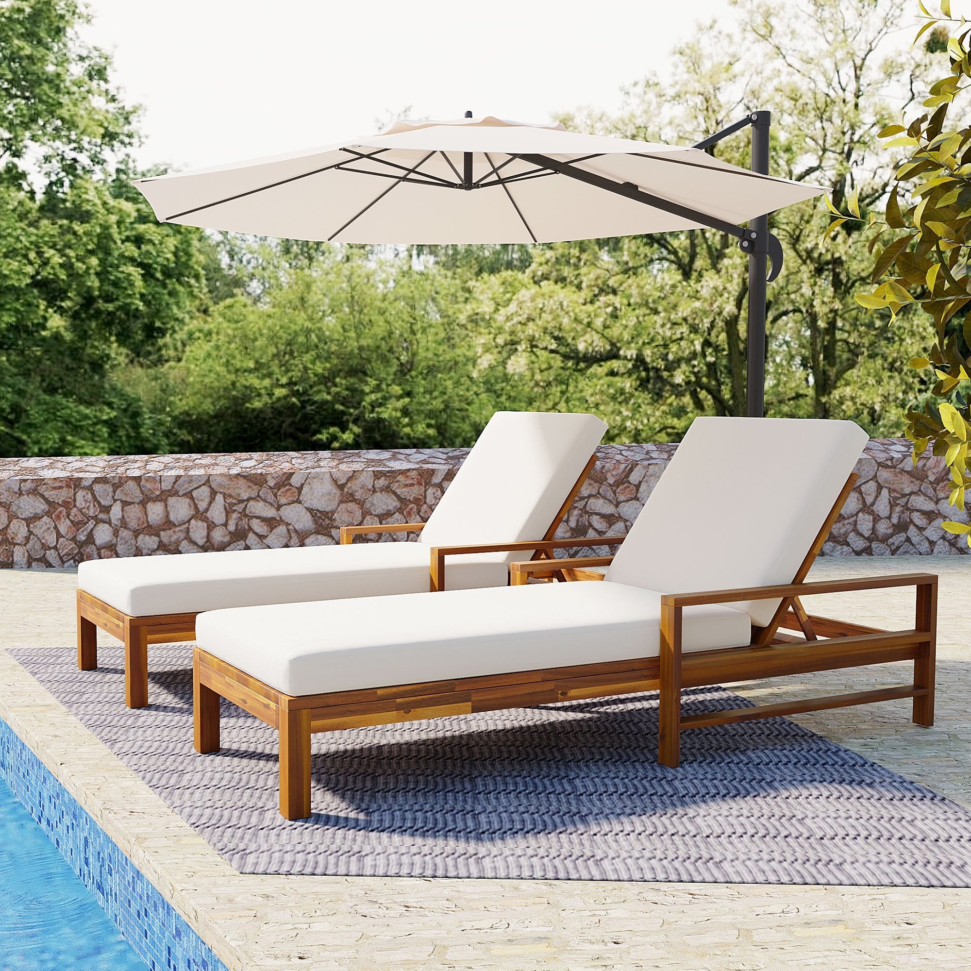 Roomfitters Modern Acacia Wood Outdoor Patio Chaise Lounge Chairs Set Of 2 Wide Deck Reclining Sunbeds Beige