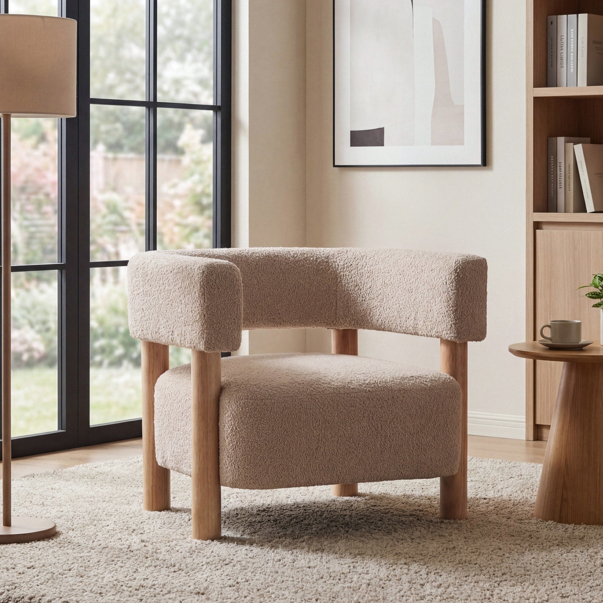 Roomfitters Modern Accent Arm Chair Upholstered Boucle Fabric Barrel Chair With Solid Natural Wood Legs Natural Wood Wheat