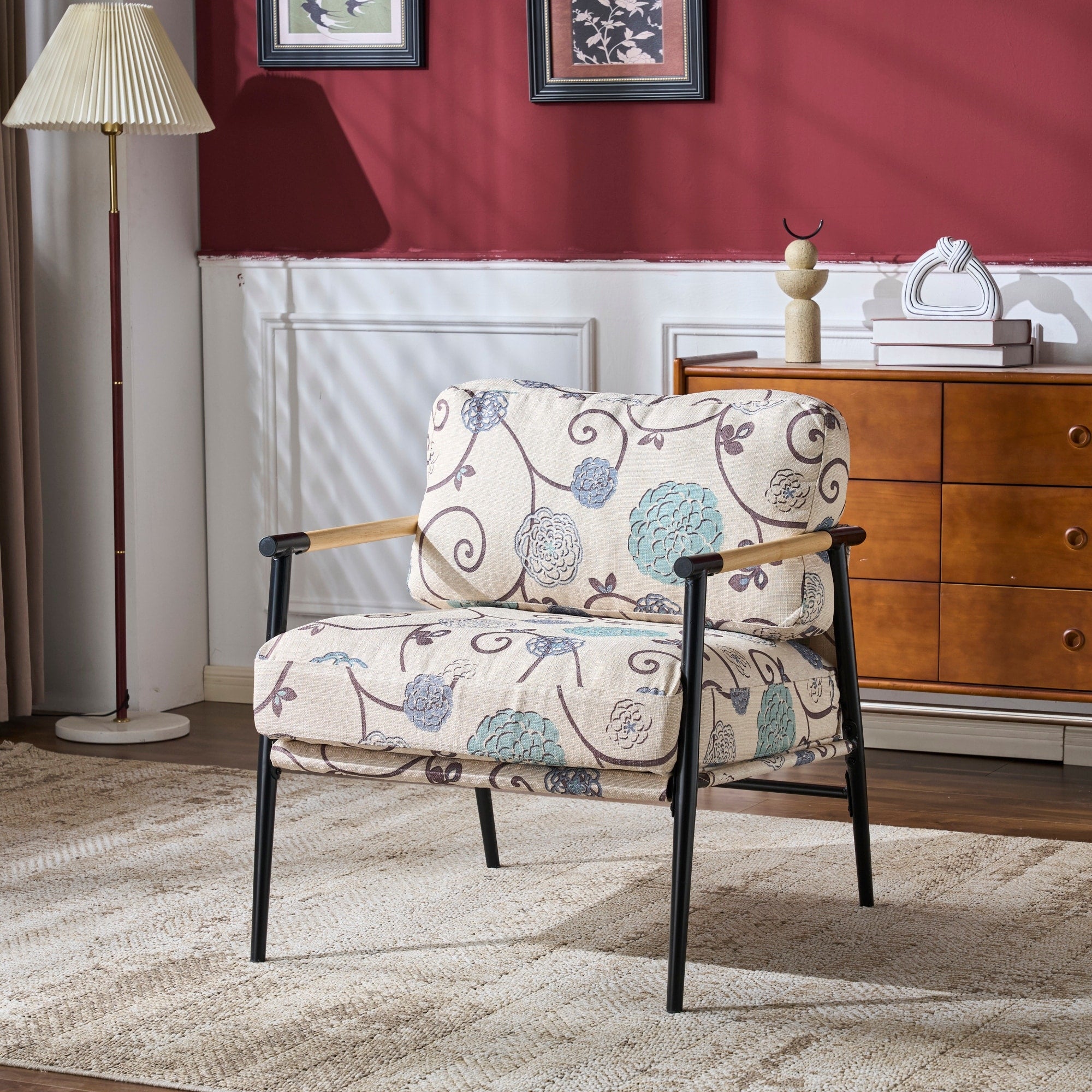 Roomfitters Modern Accent Chair Floral Plush Cushions Minimalist Metal Frame Armchair Wood Armrests Padded Seating