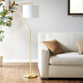 Roomfitters Modern Angular Arched Metal Floor Lamp With White Fabric Drum Shade And Convenient Foot Switch Gold Finish