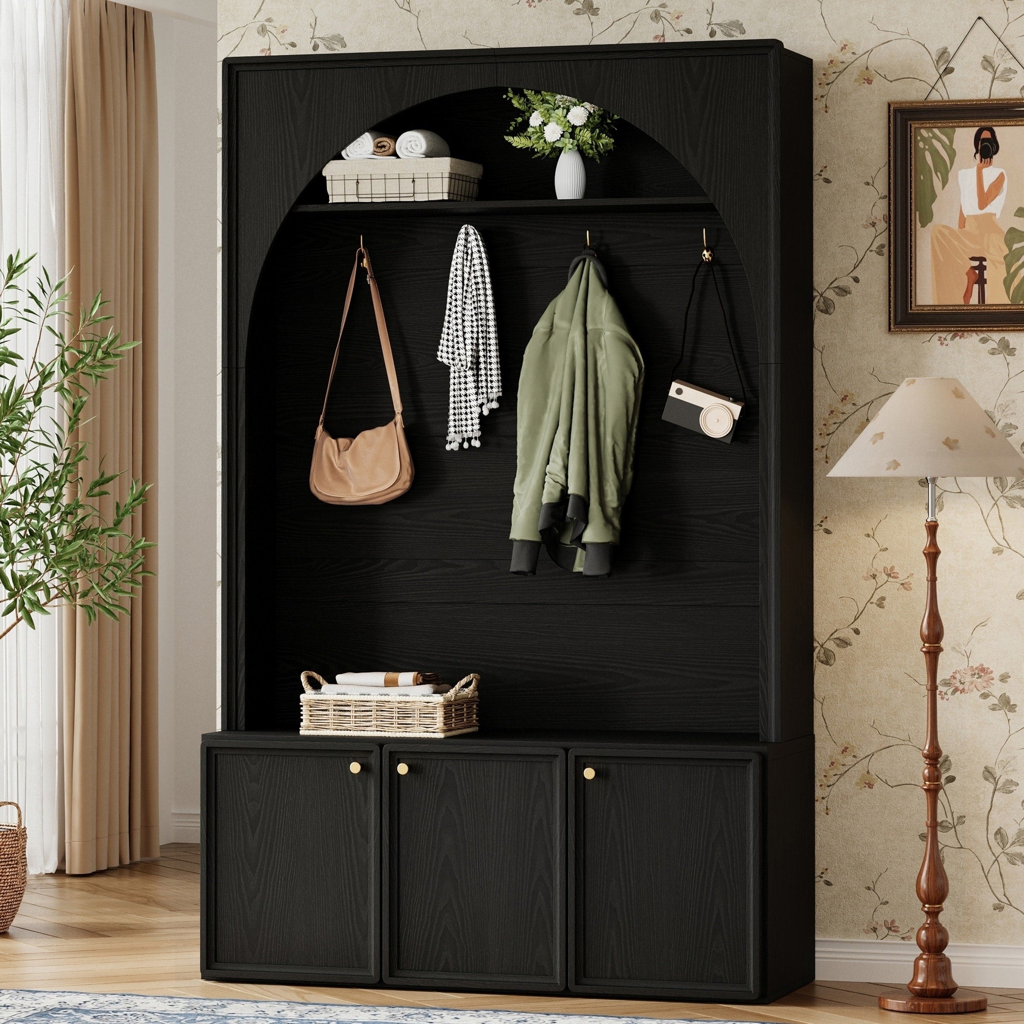 Roomfitters Modern Arched Entryway Hall Tree With 3 Storage Cabinets Upper Shelf And Coat Hooks For Mudroom