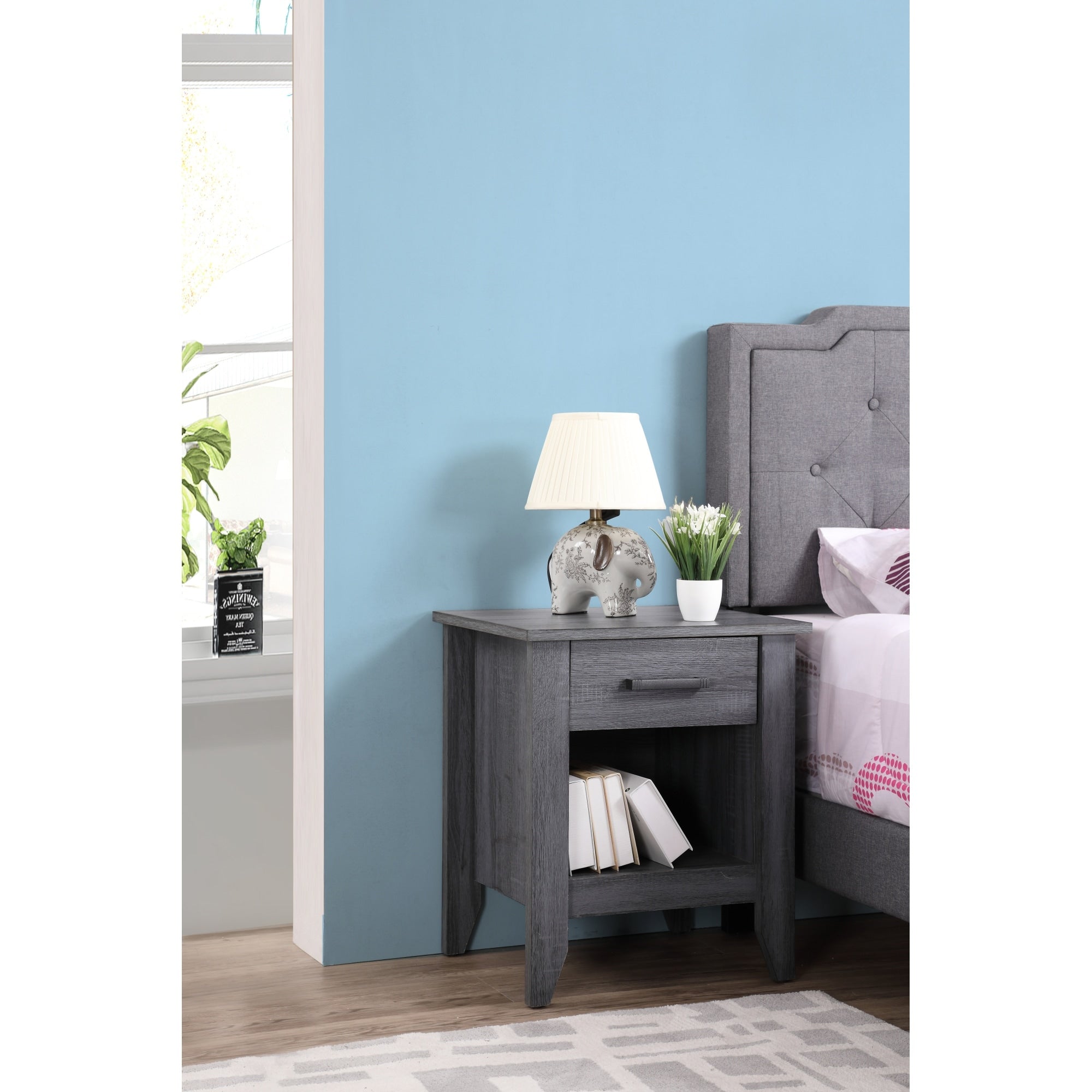 Roomfitters Modern Bedside Table With Open Cubby Luxury 1 Drawer Nightstand Contemporary Wood Grain Bedroom End Table