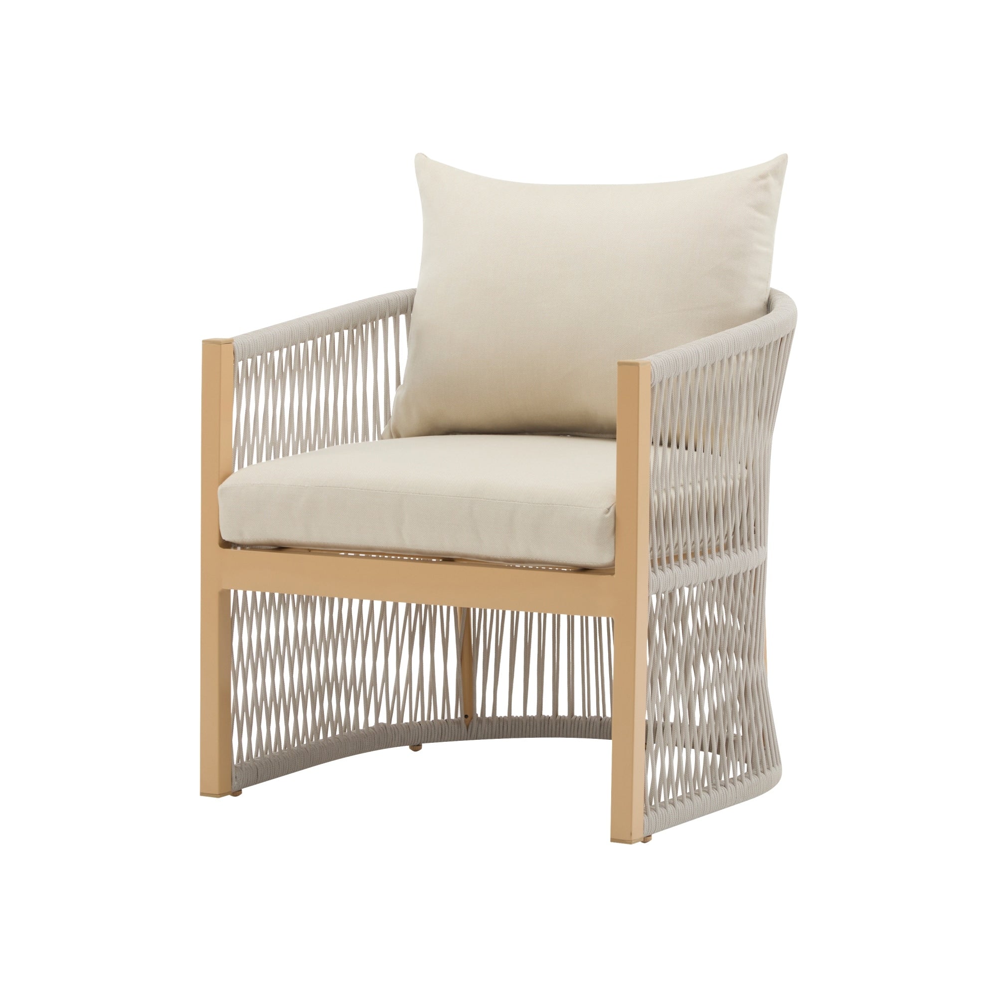 Roomfitters Modern Beige Curved Aluminum Lounge Chair Rope Weave Patio Armchair Waterproof Cushions Outdoor Seat