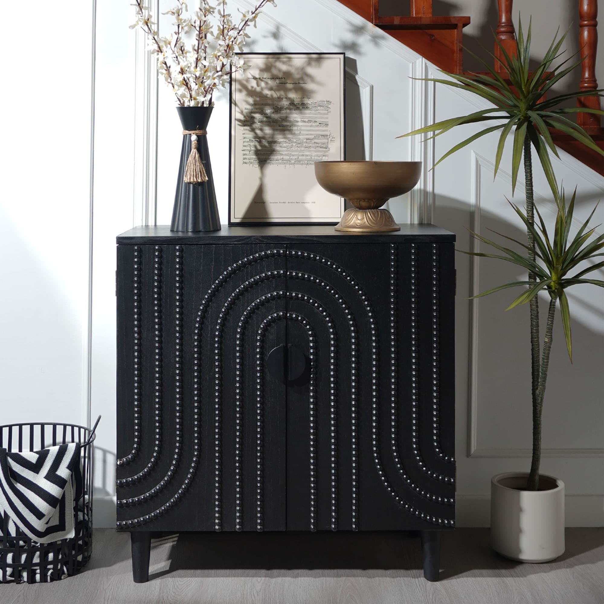 Roomfitters Modern Black Accent Cabinet With 2 Doors Decorative Embossed Bead Design