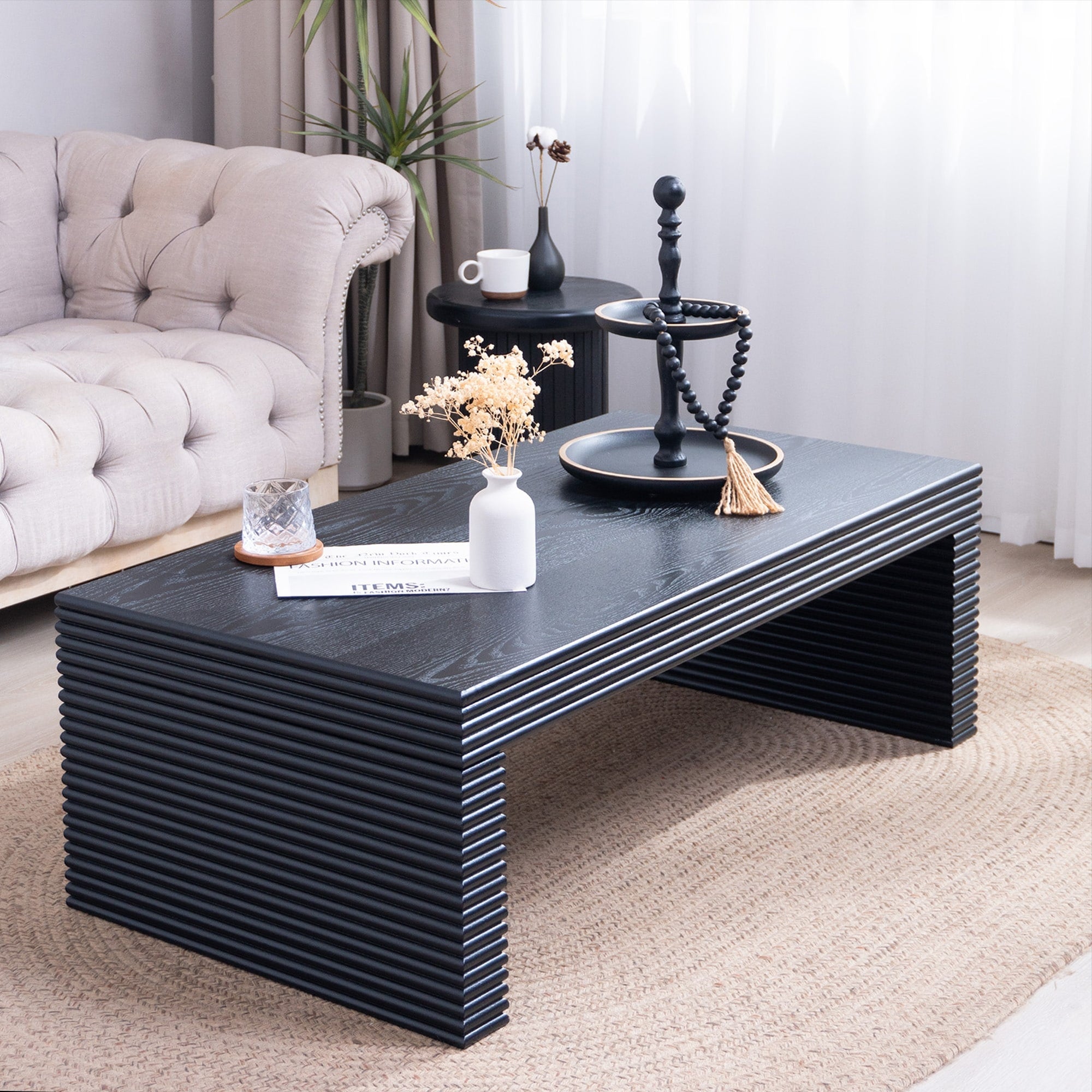 Roomfitters Modern Black Ribbed Coffee Table 47 Inch Rectangular Center Table With Textured Panels