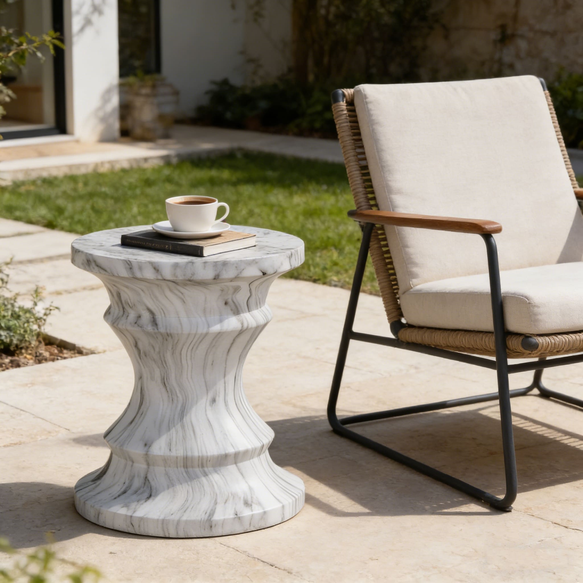 Roomfitters Modern Cement End Table Hourglass Patio Side Table Weather Resistant Faux Marble Stone Pedestal Stand Marble