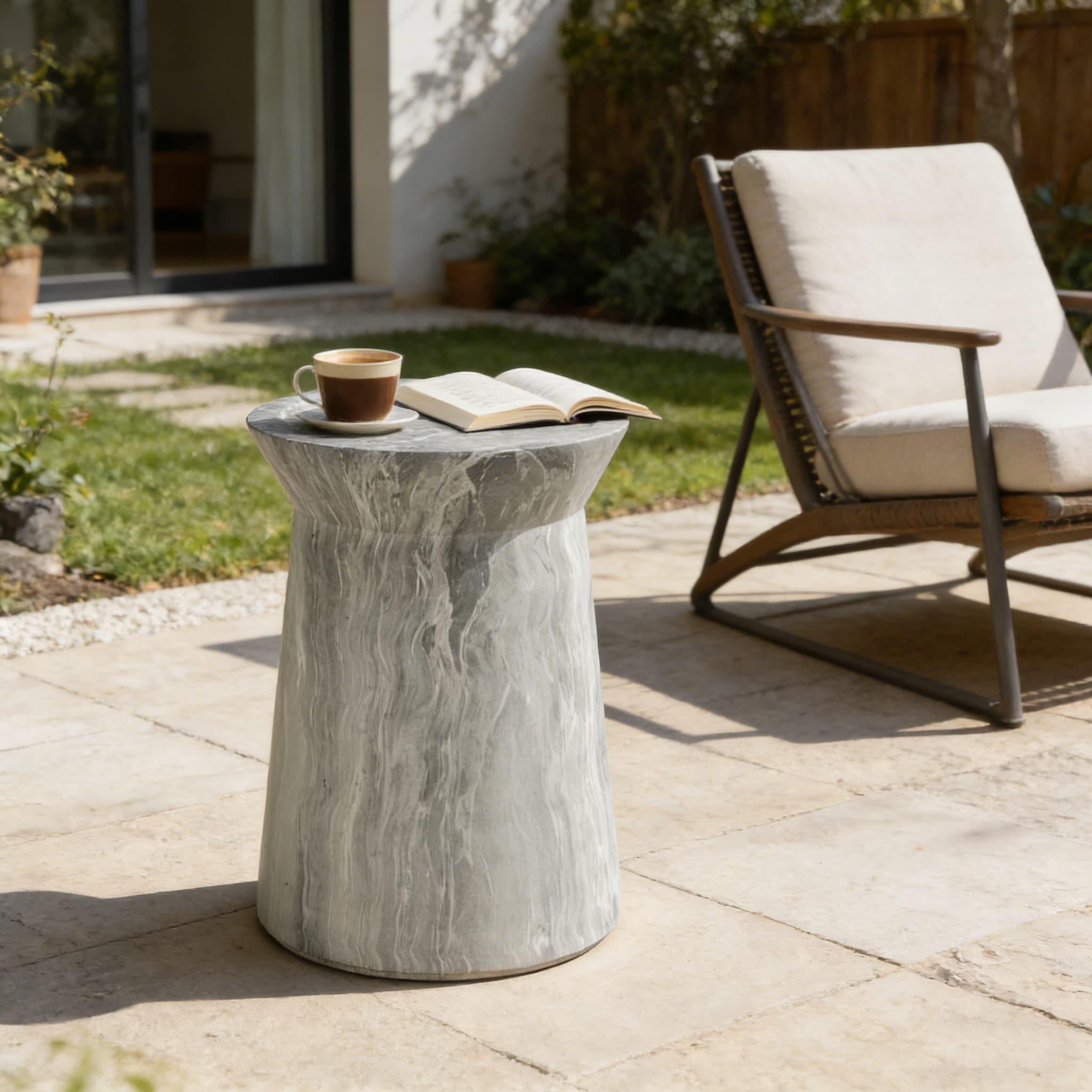 Roomfitters Modern Cement End Table Patio Side Table Faux Marble Stone Finish Weather Resistant Pedestal Marble