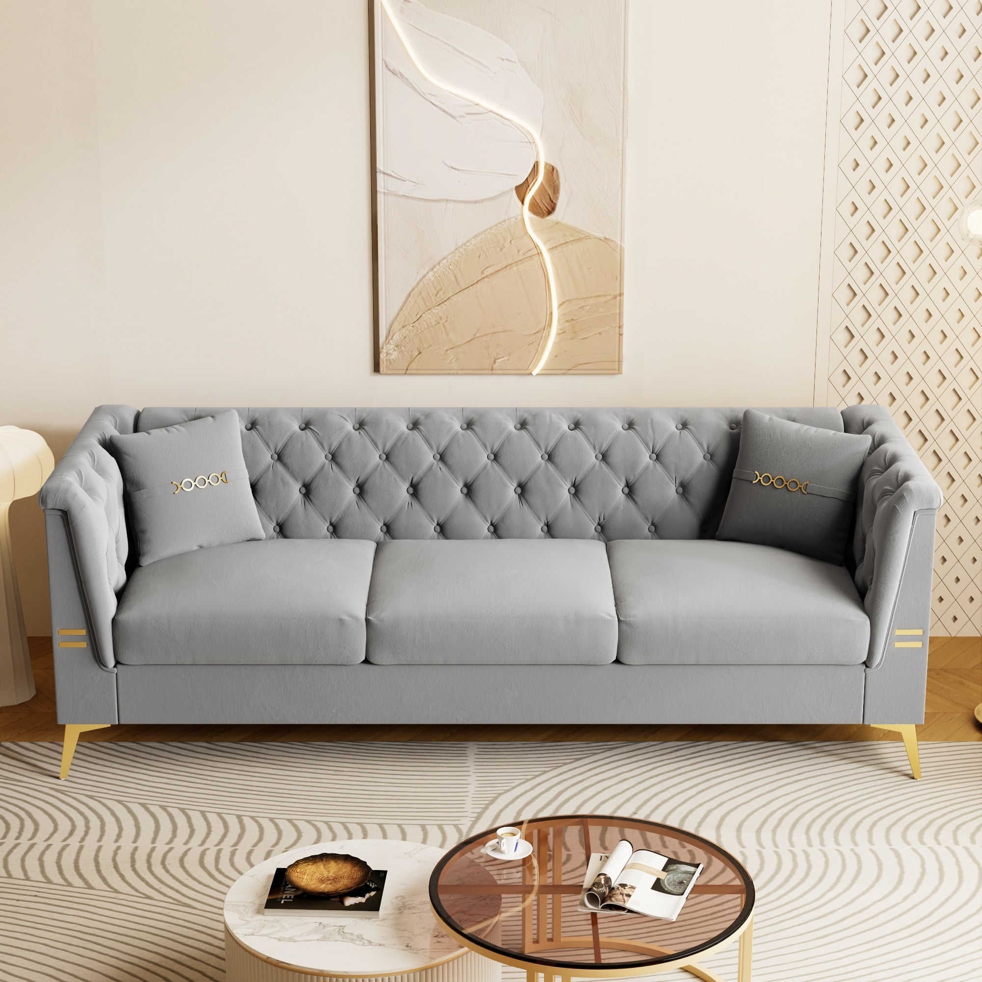 Roomfitters Modern Chesterfield Style Button Tufted Upholstered Sofa With Gold Legs Elegant 3 Seater Couch