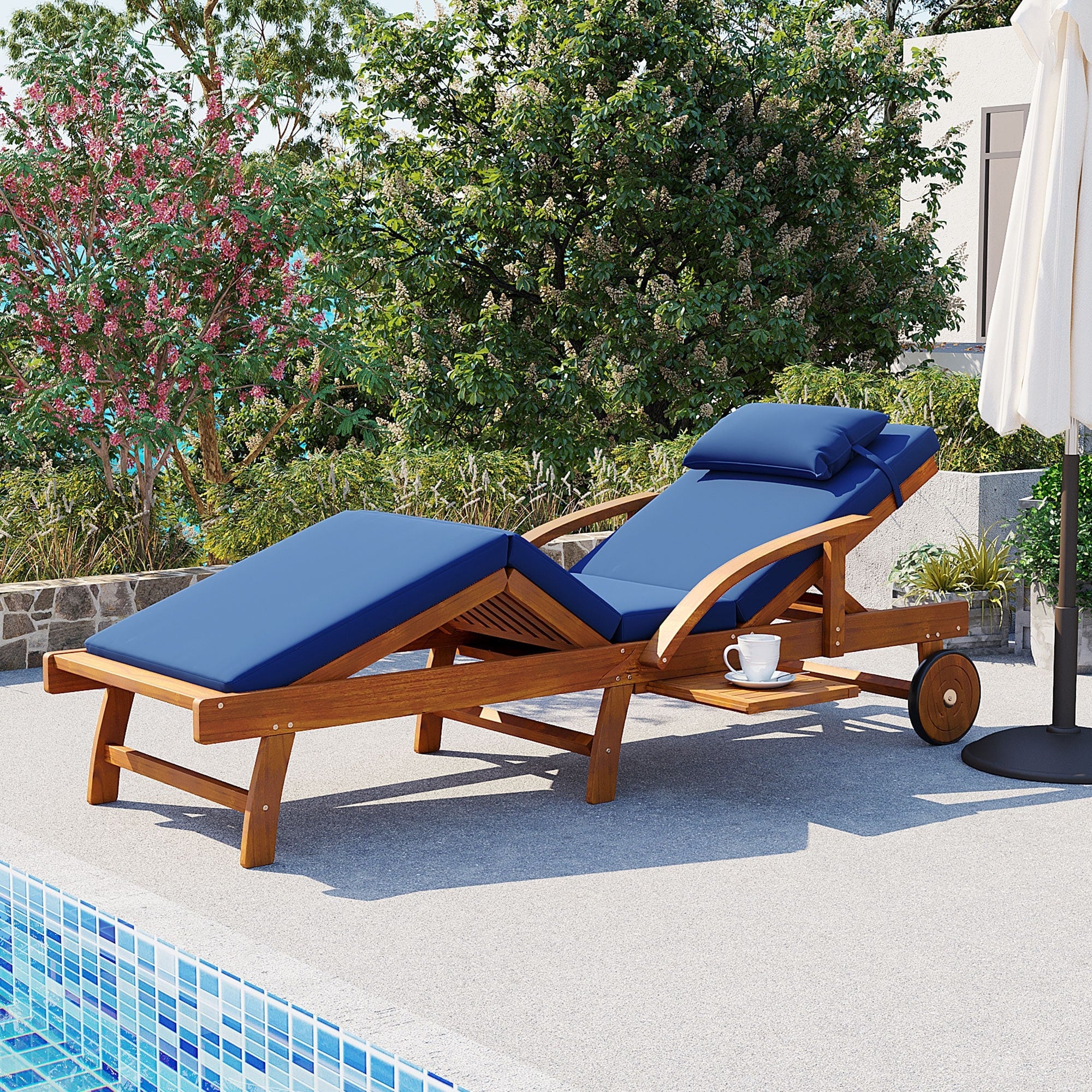 Roomfitters Modern Coastal Acacia Wood Outdoor Chaise Lounge Chair Poolside Recliner Retractable Side Tray