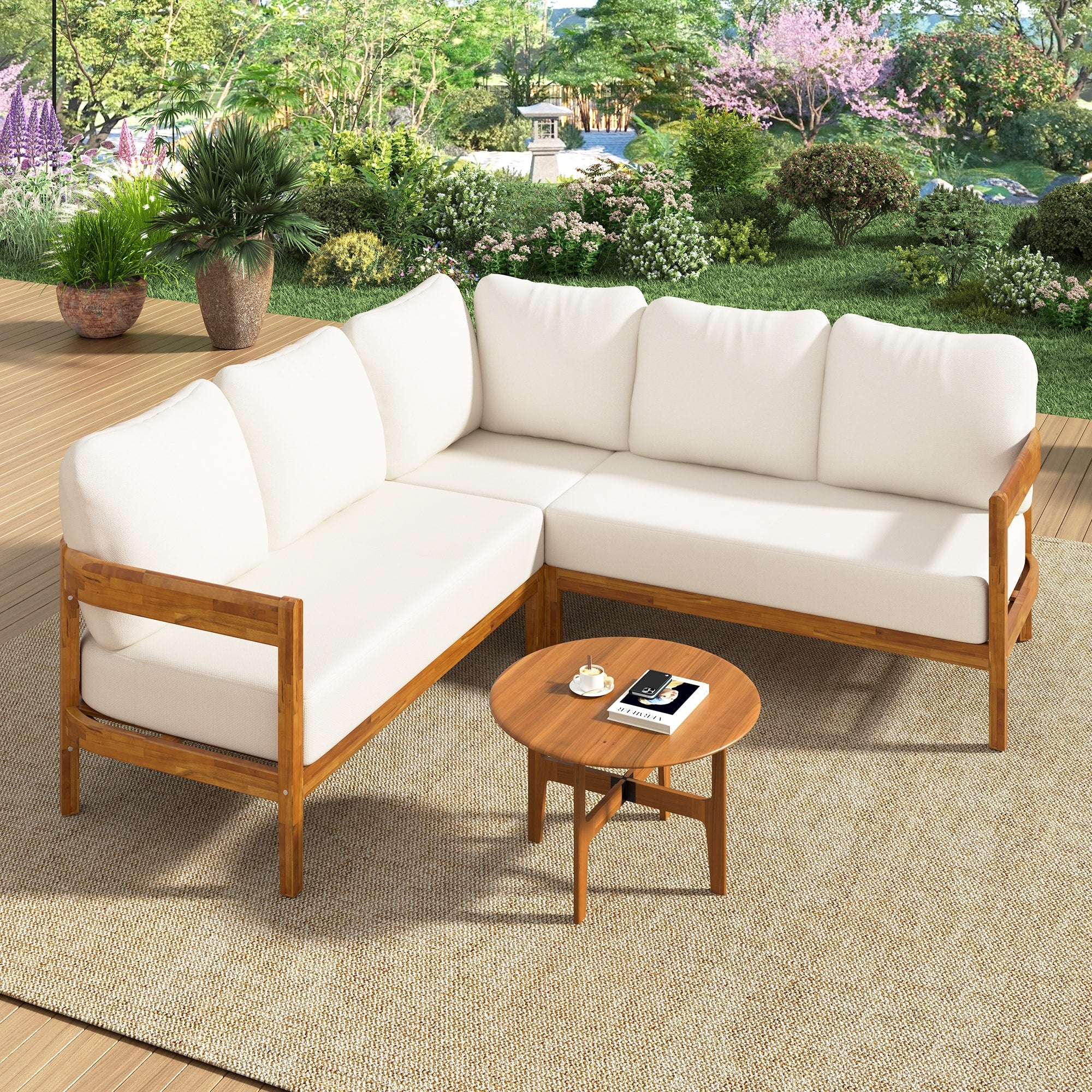 Roomfitters Modern Coastal Solid Acacia Wood L Shaped Outdoor Patio Sectional Sofa Conversation Seating Set