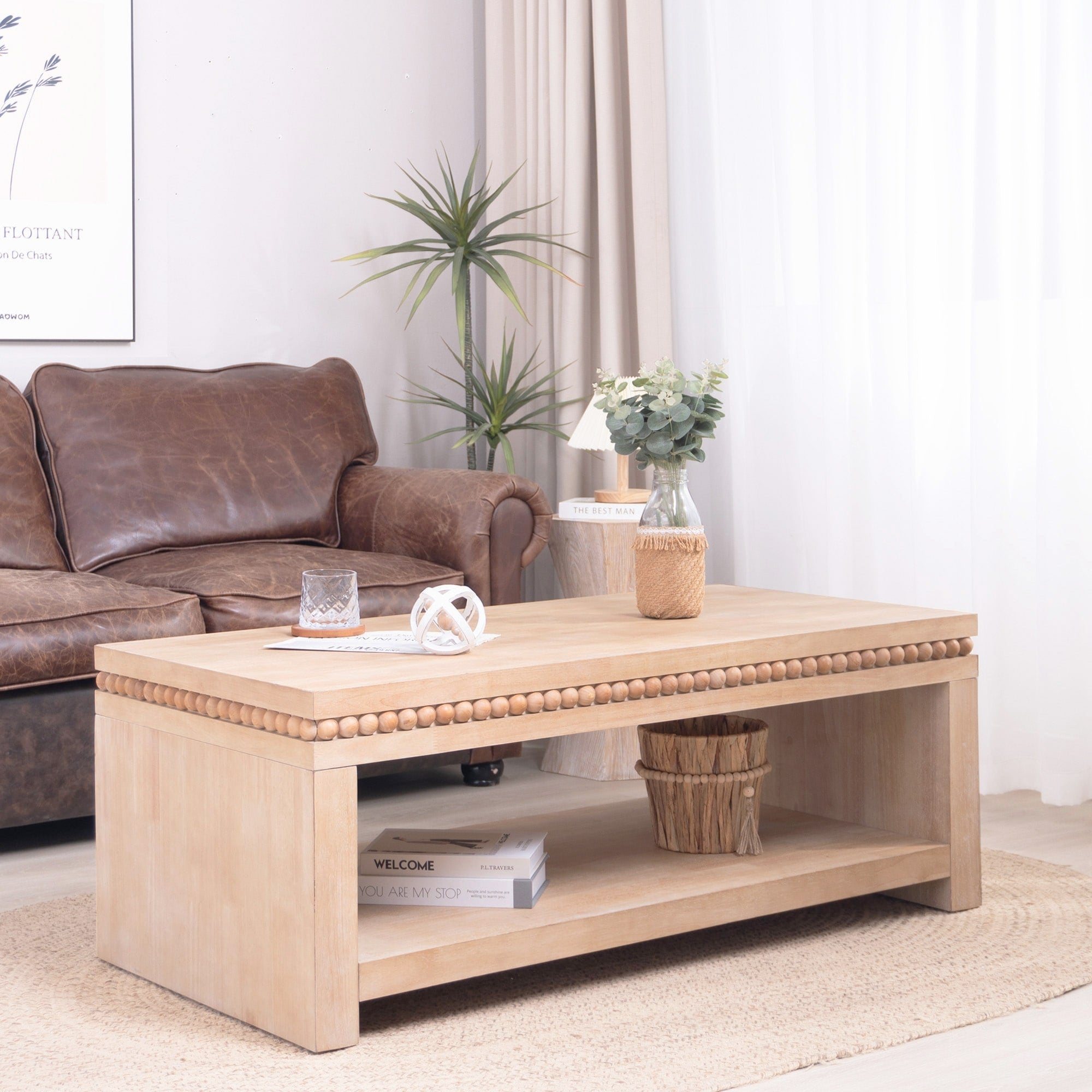 Roomfitters Modern Coffee Table With Beaded Trim Rectangular Open Storage Shelf