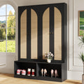 Roomfitters Modern Entryway Hall Tree With Arched Rattan Doors Storage Cabinets And Shoe Storage Bench For Mudroom Black