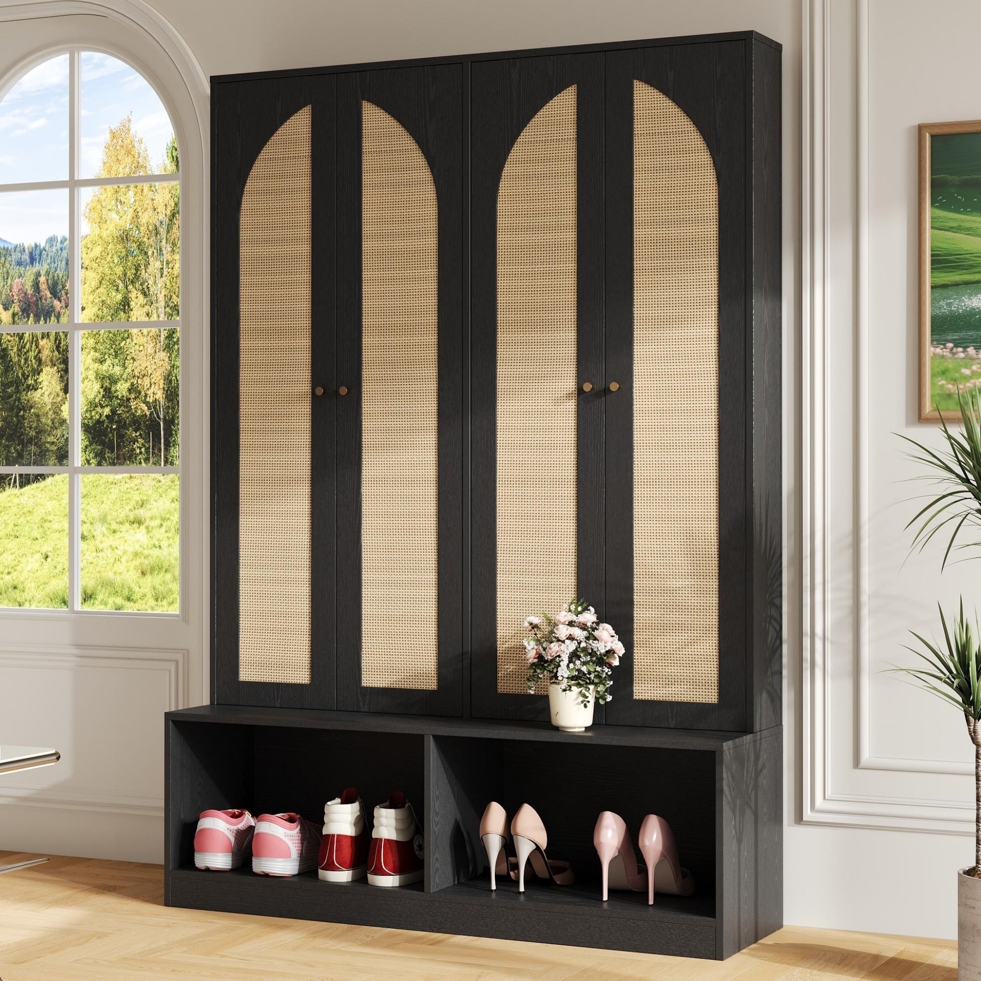 Roomfitters Modern Entryway Hall Tree With Arched Rattan Doors Storage Cabinets And Shoe Storage Bench For Mudroom Black