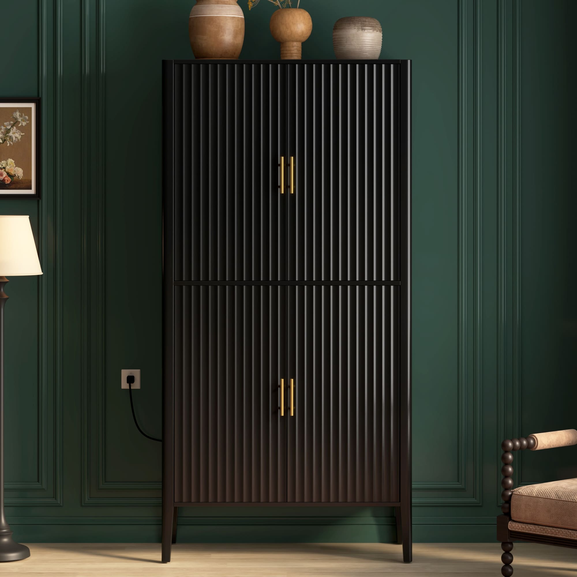 Roomfitters Modern Fluted 4 Door Tall Wine Bar Storage Cabinet Glass Display Rack Built In Led Lighting