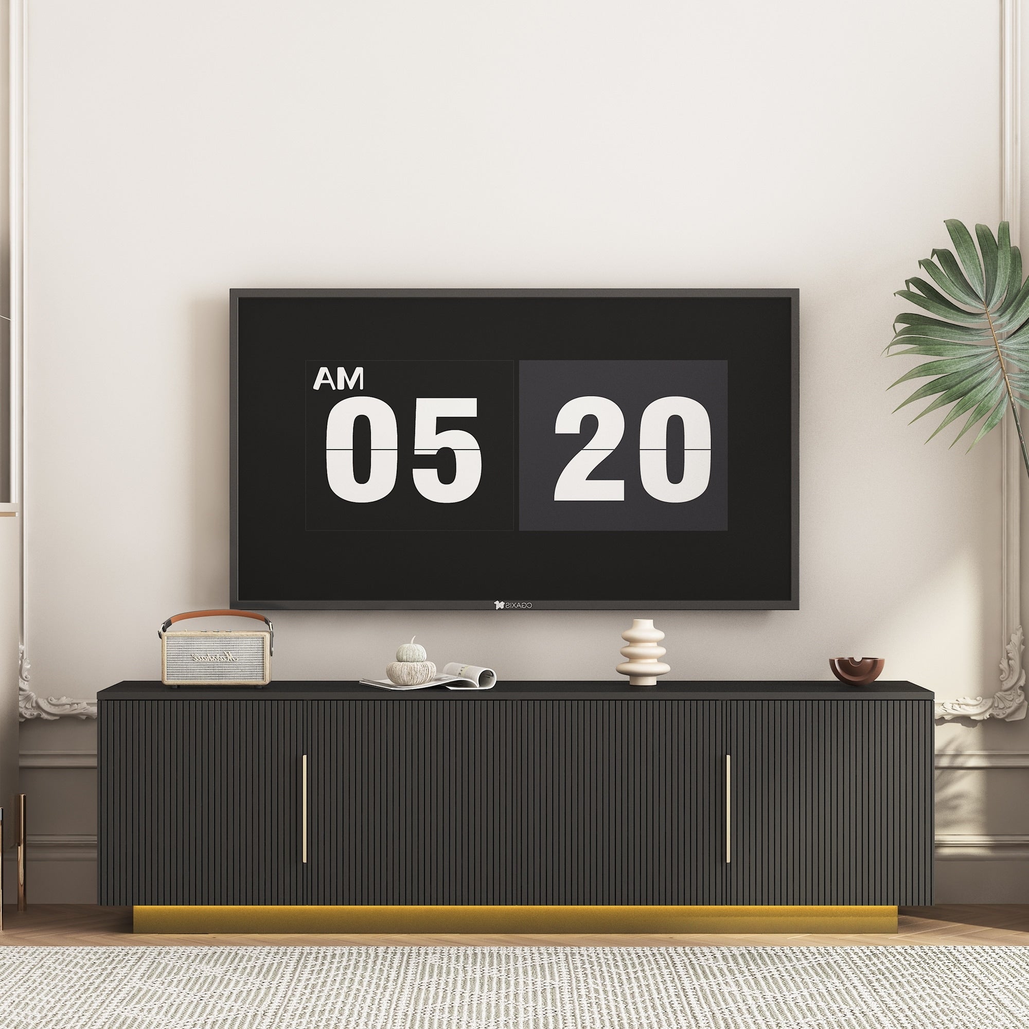 Roomfitters Modern Fluted Buffet Cabinet With 4 Doors Dining Room Sideboard Storage Credenza Media Console Table Black