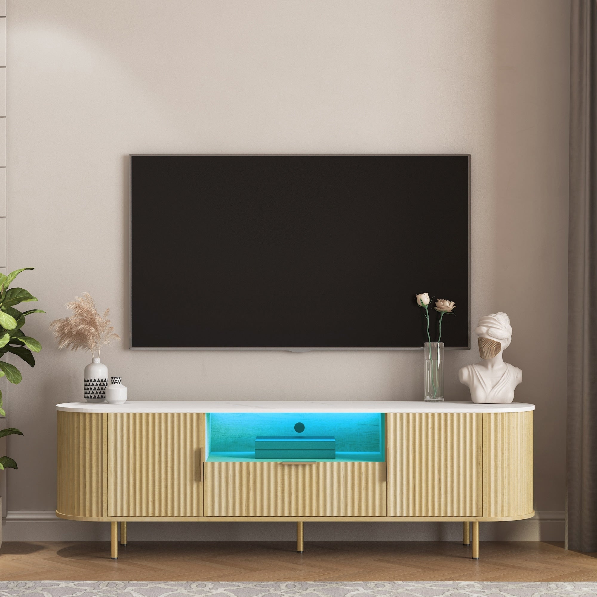 Roomfitters Modern Fluted Tv Stand With Smart App Leds Curved Entertainment Center Media Console Marble Top Wood