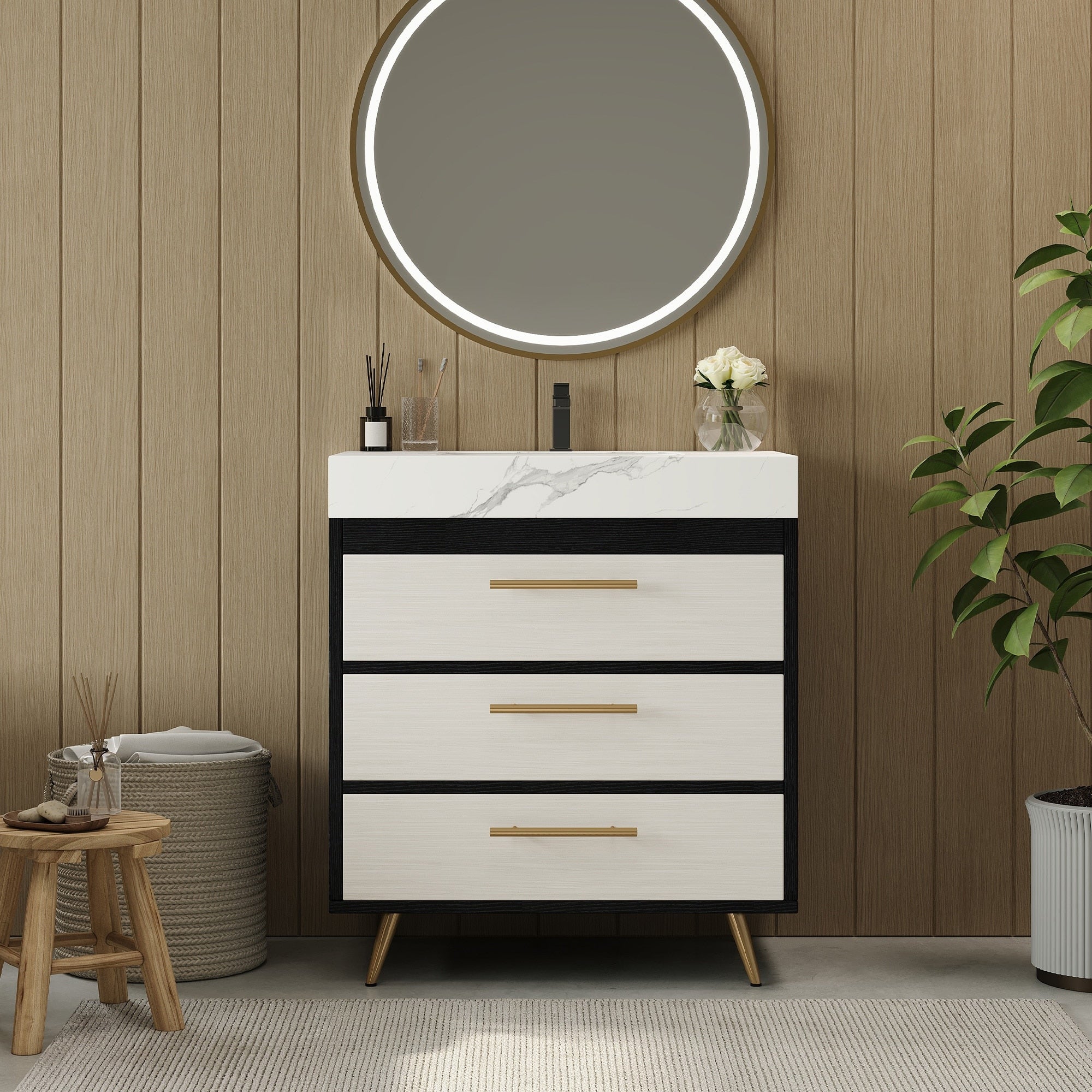 Roomfitters Modern Freestanding Bathroom Vanity Cabinet With Ceramic Sink And 3 Storage Drawers Gold Legs