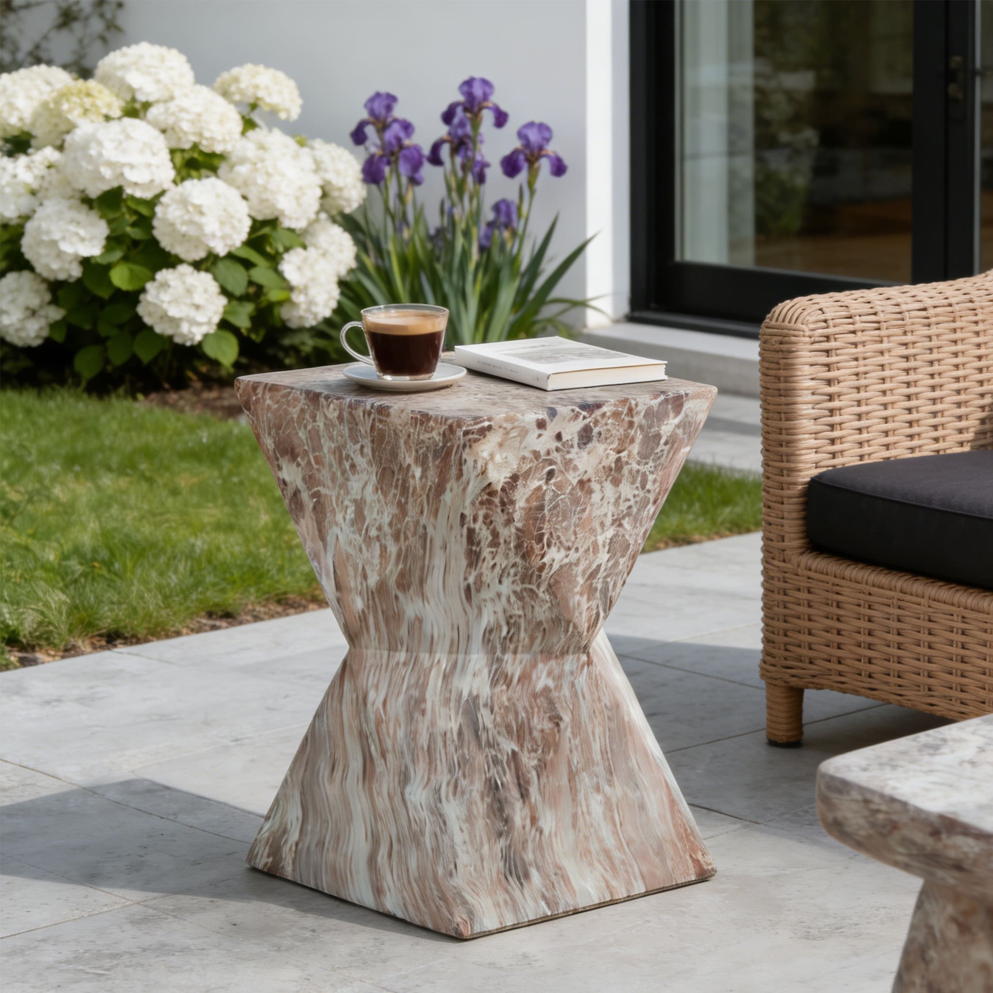 Roomfitters Modern Geometric Cement End Table Faceted Hourglass Patio Side Table Weather Resistant Stone Finish Marble