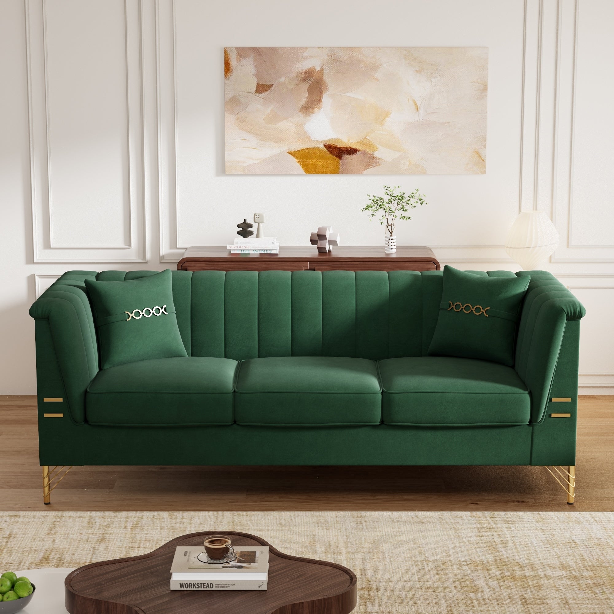 Roomfitters Modern Glam Upholstered Sofa With Vertical Channel Tufting And Gold Metal Accents Elegant 3 Seater Couch