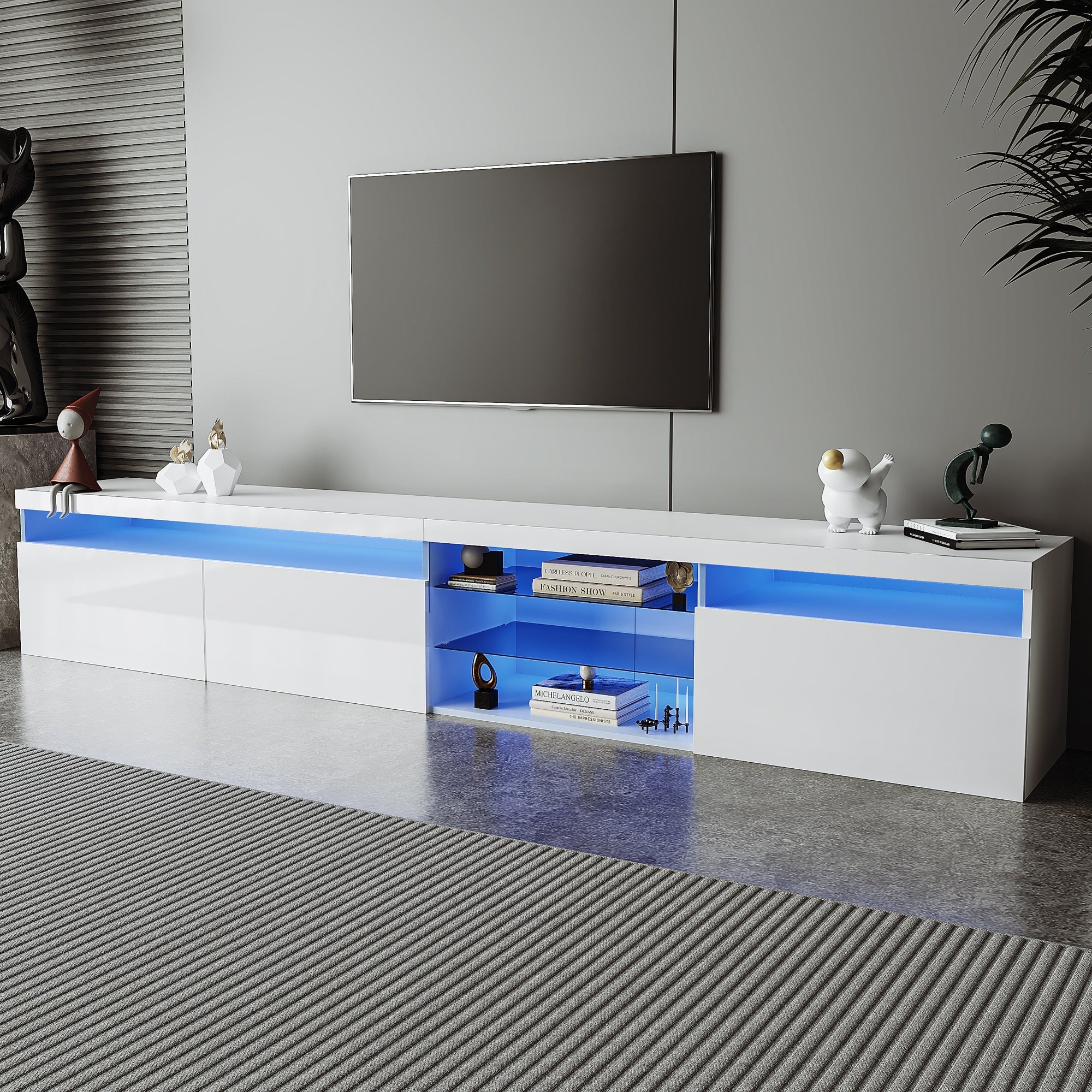 Roomfitters Modern High Gloss Tv Stand With Led Lights And 2 Glass Shelves For Living Room Media Storage Center White