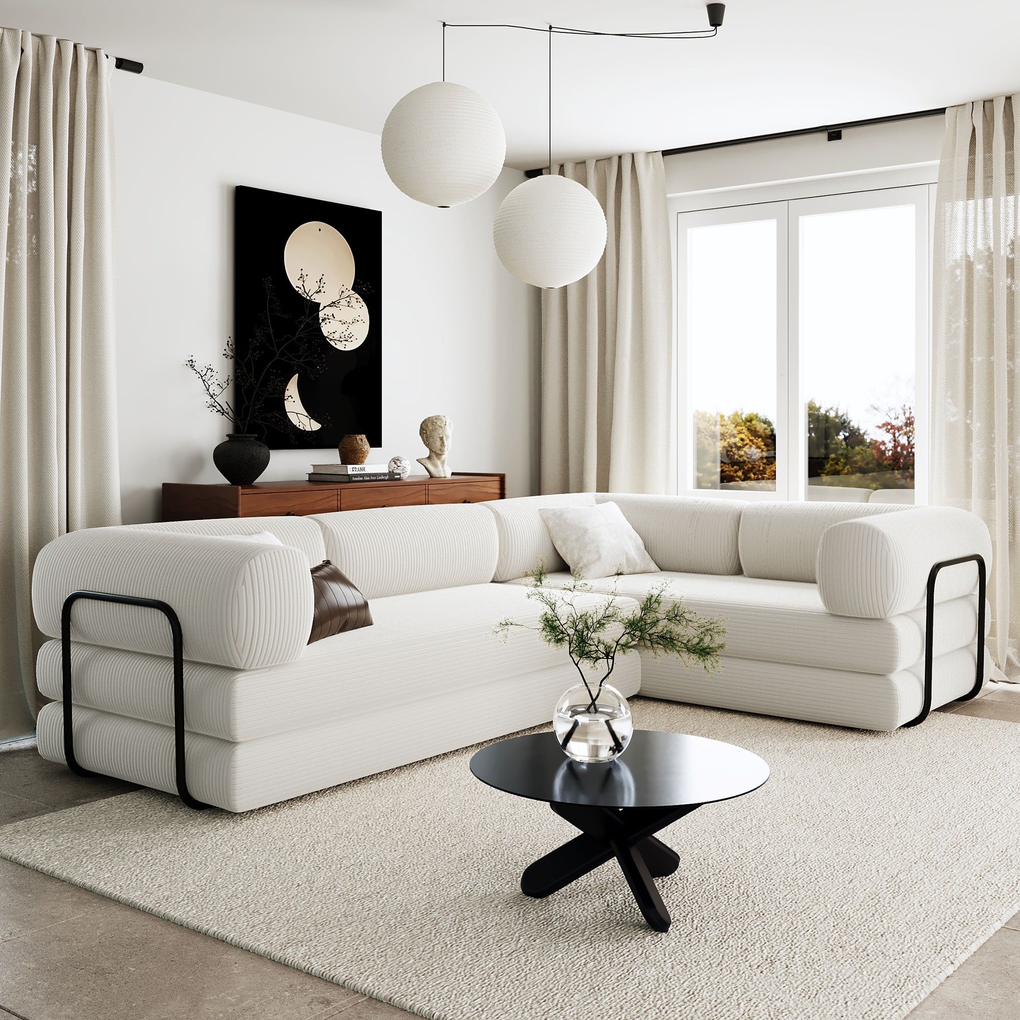 Roomfitters Modern L Shaped Modular Sofa Bed Corduroy Convertible Sleeper Sectional Couch With Industrial Metal Frame
