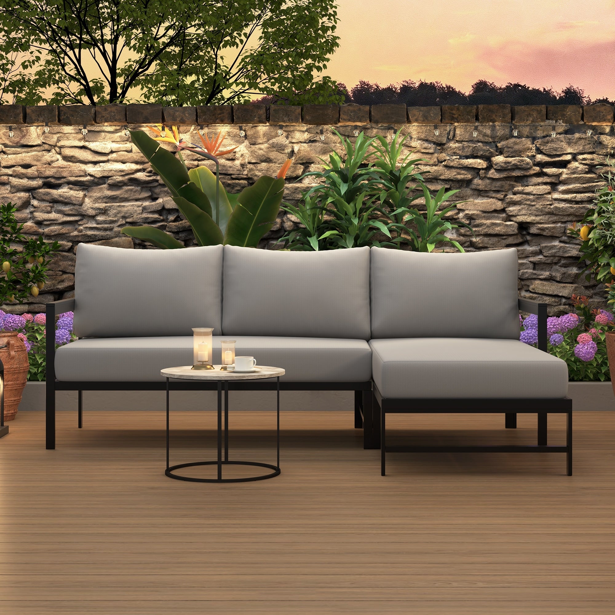Roomfitters Modern L Shaped Outdoor Sectional Sofa 3 Seater Patio Conversation Couch Cushions Iron Frame