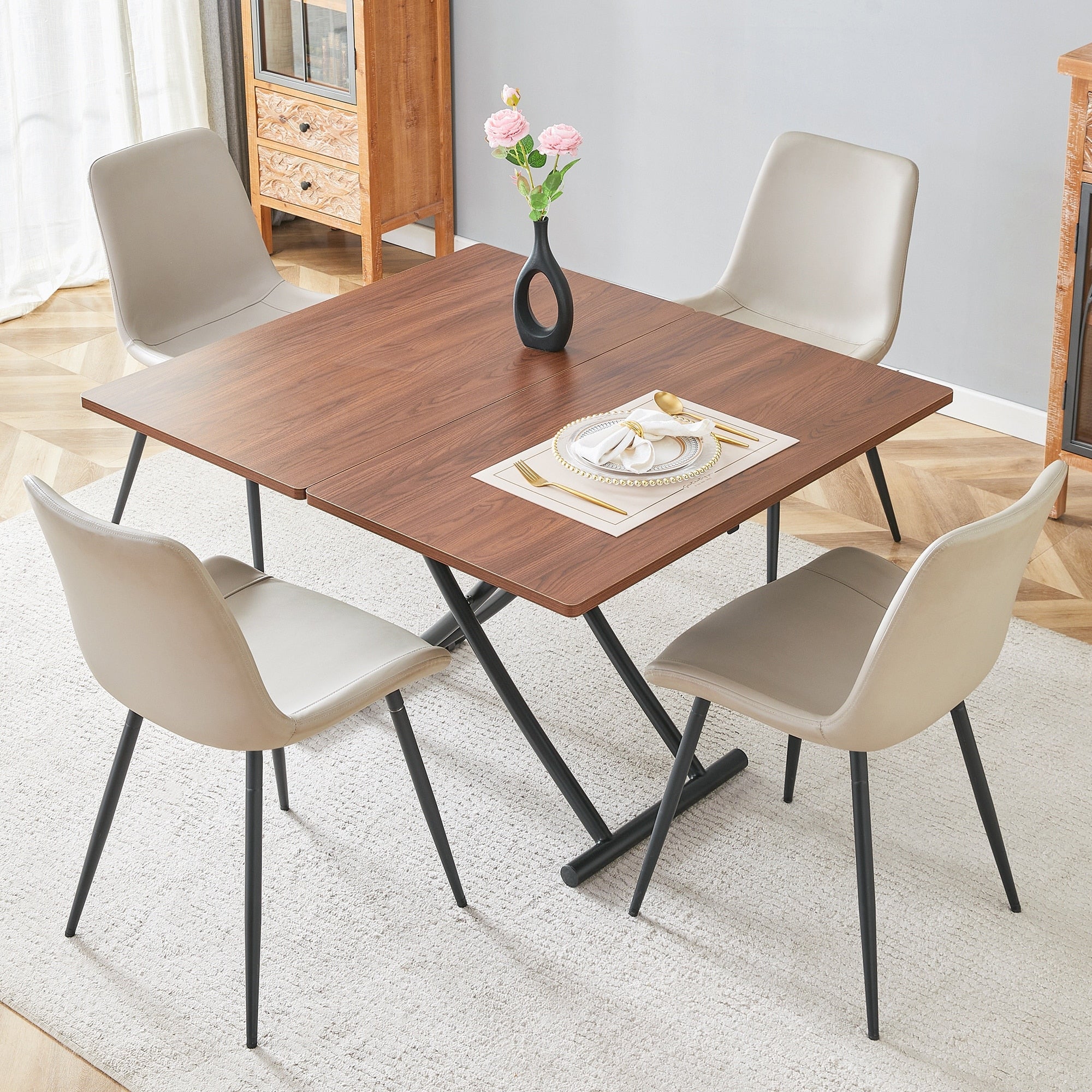 Roomfitters Modern Lifting Walnut Dining Table Set 4 Warm Gray Pu Chairs Adjustable Height Platform Seating