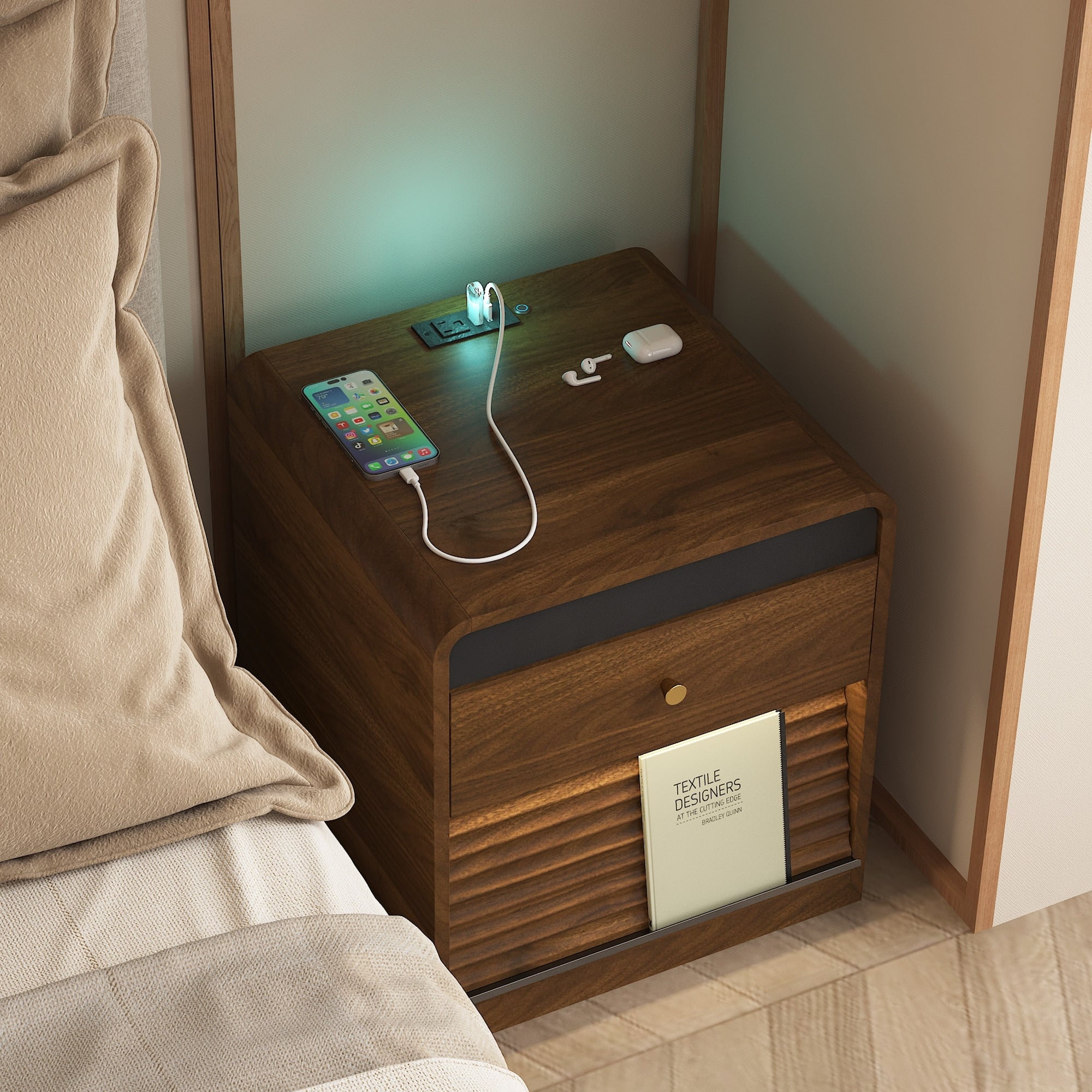 Roomfitters Modern Nightstand With Charging Station Usb Ports Fluted 3 Drawer Bedside Table Side End Table Wood