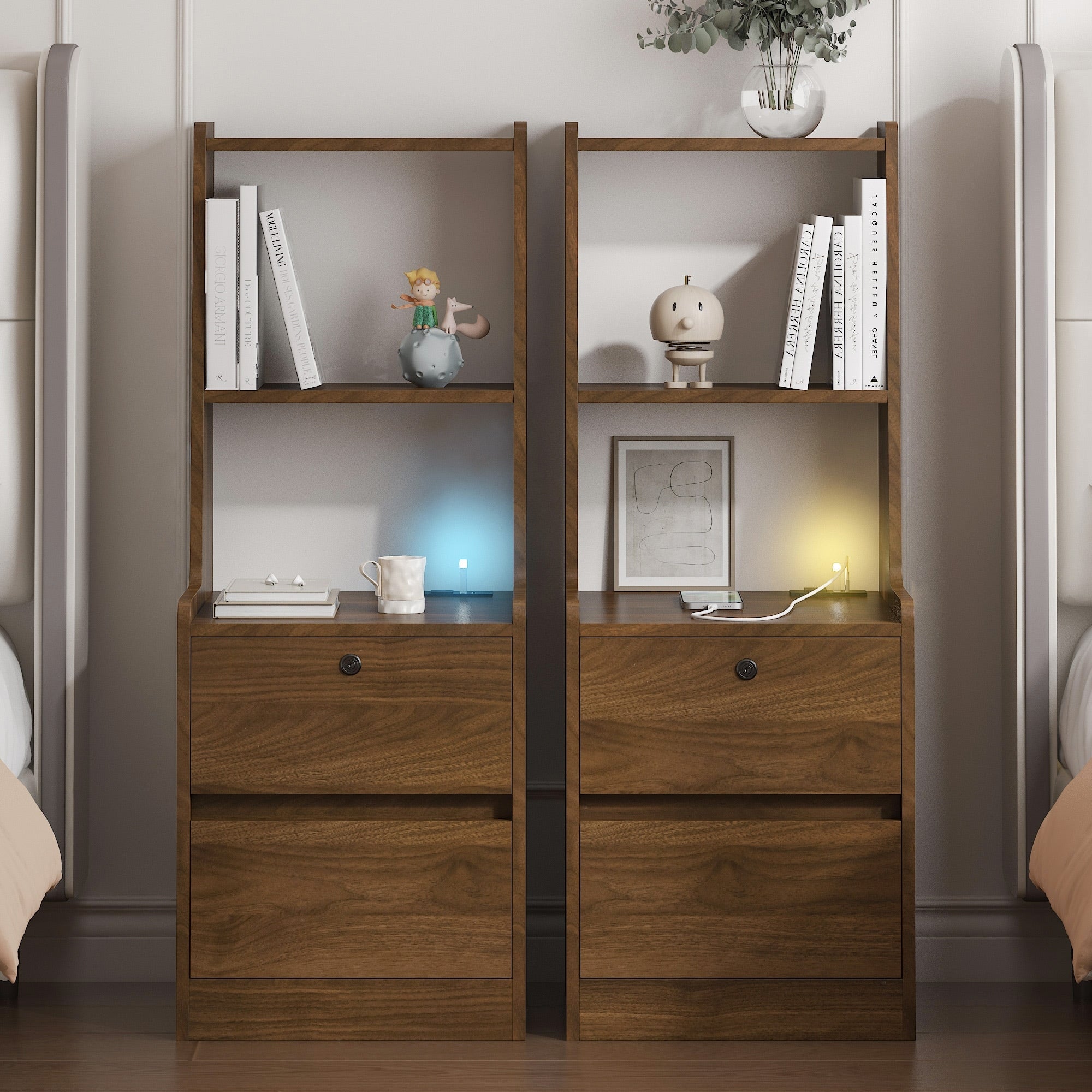 Roomfitters Modern Nightstands Set Of 2 With Charging Station Fluted 3 Drawer End Table Bedside Furniture Set